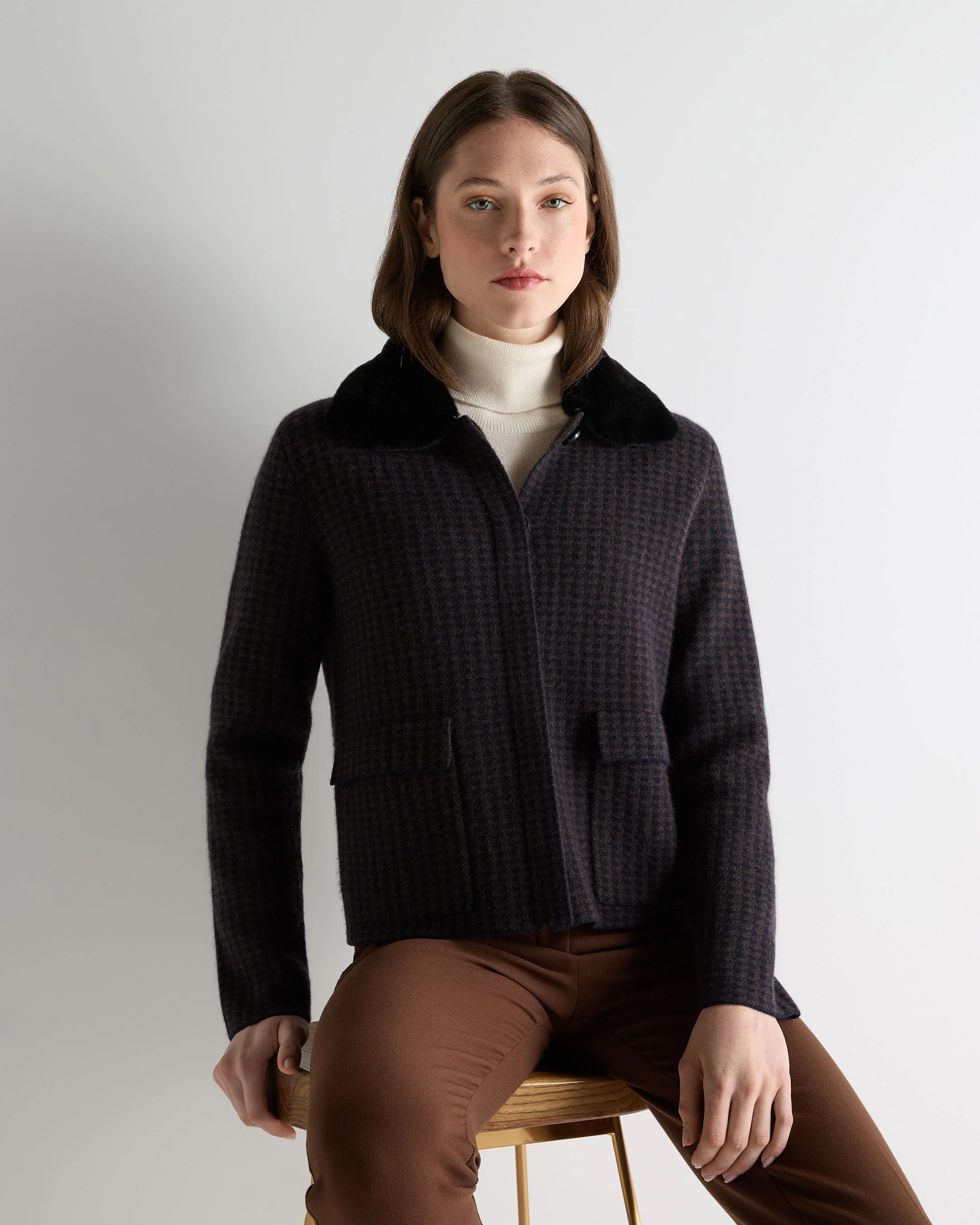 Women's Dogtooth Fur Trim Cashmere Jacket Navy Blue
