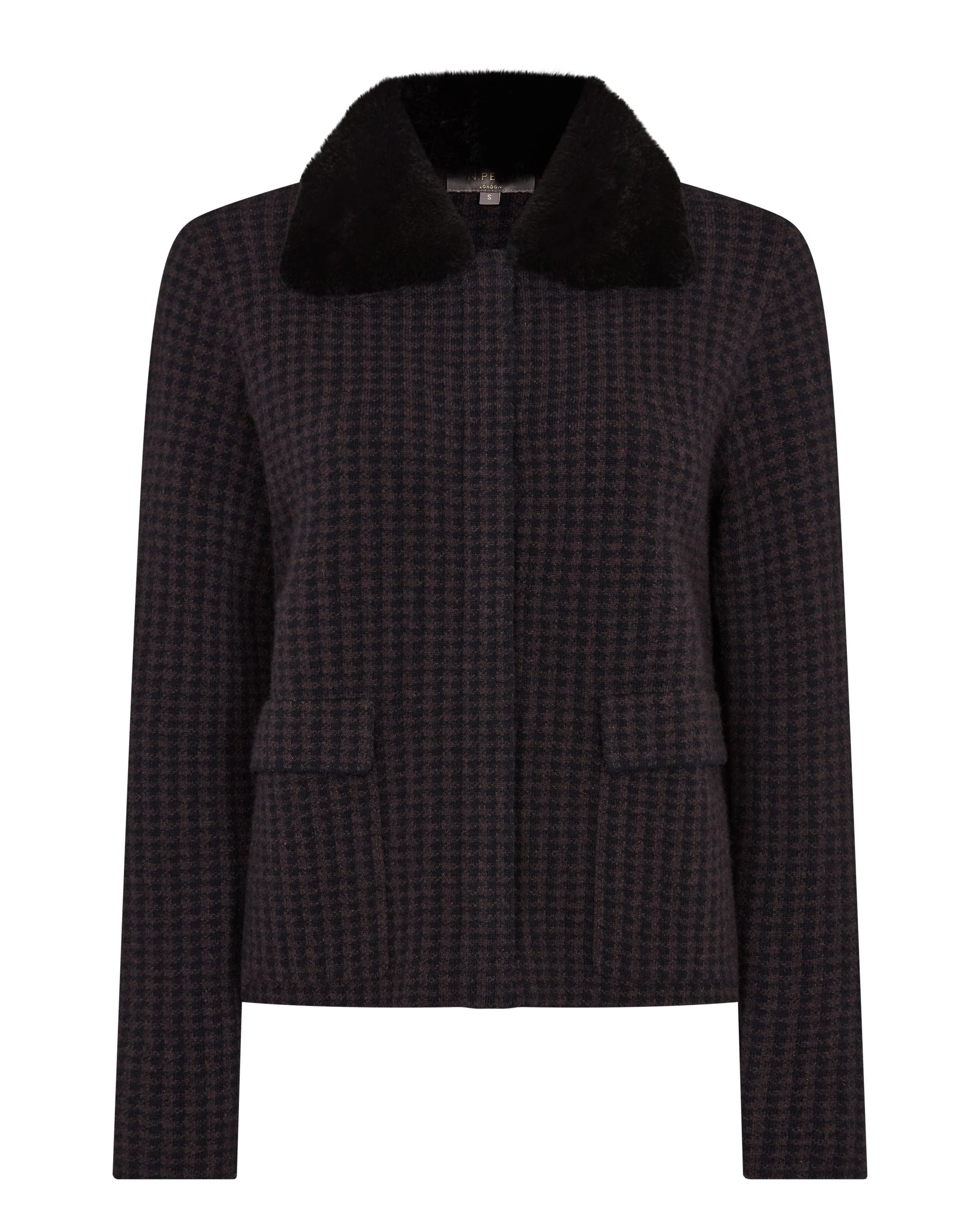 Women's Dogtooth Fur Trim Cashmere Jacket Navy Blue - Image 2