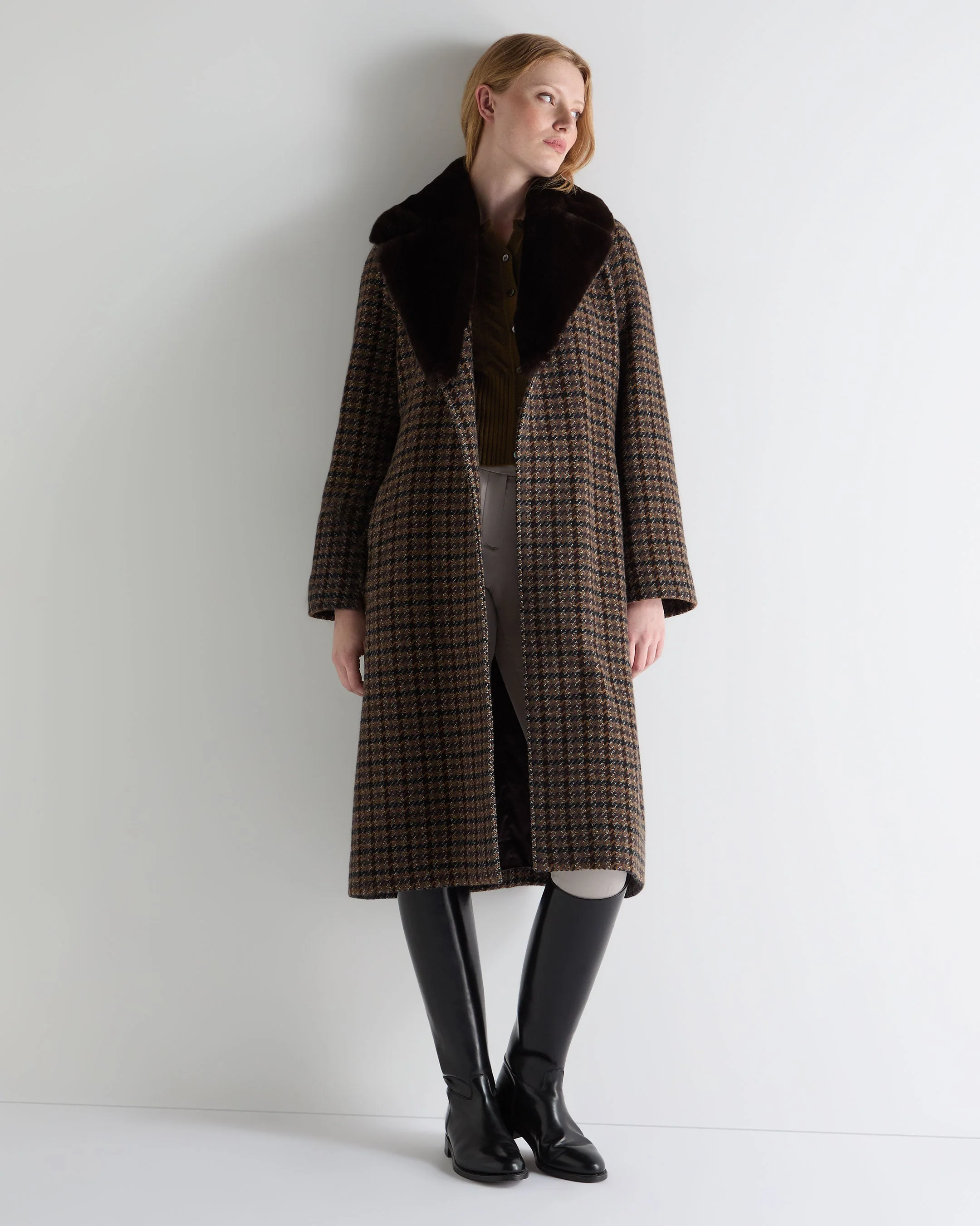 Women's Dogtooth Fur Trim Coat Brown - Image 3
