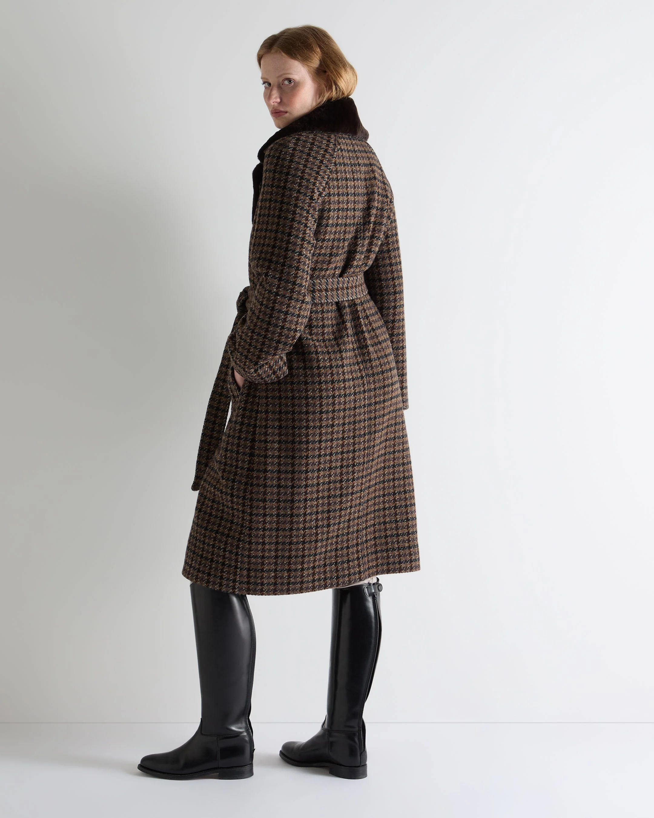 Women's Dogtooth Fur Trim Coat Brown - Image 4
