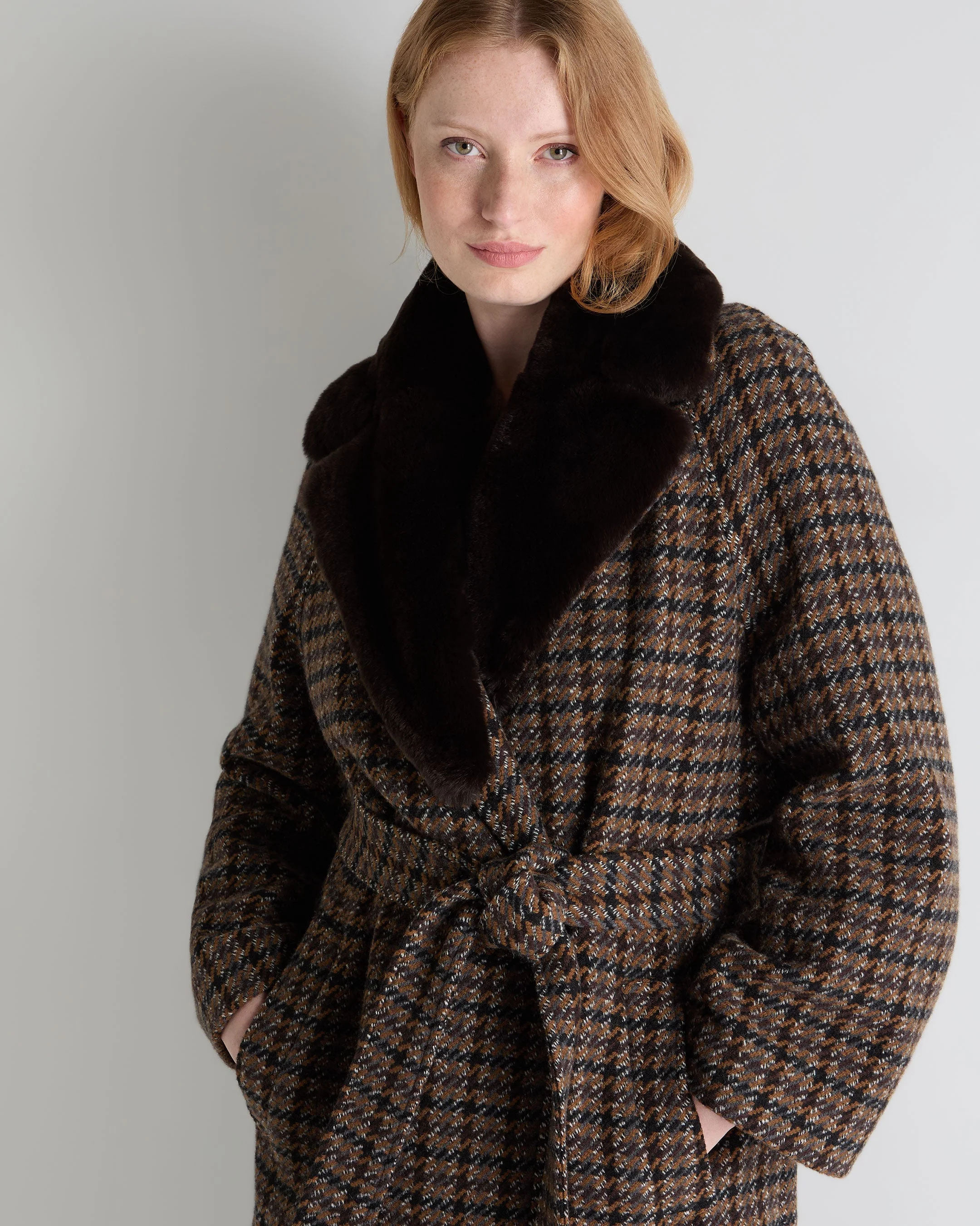 Women's Dogtooth Fur Trim Coat Brown - Image 5