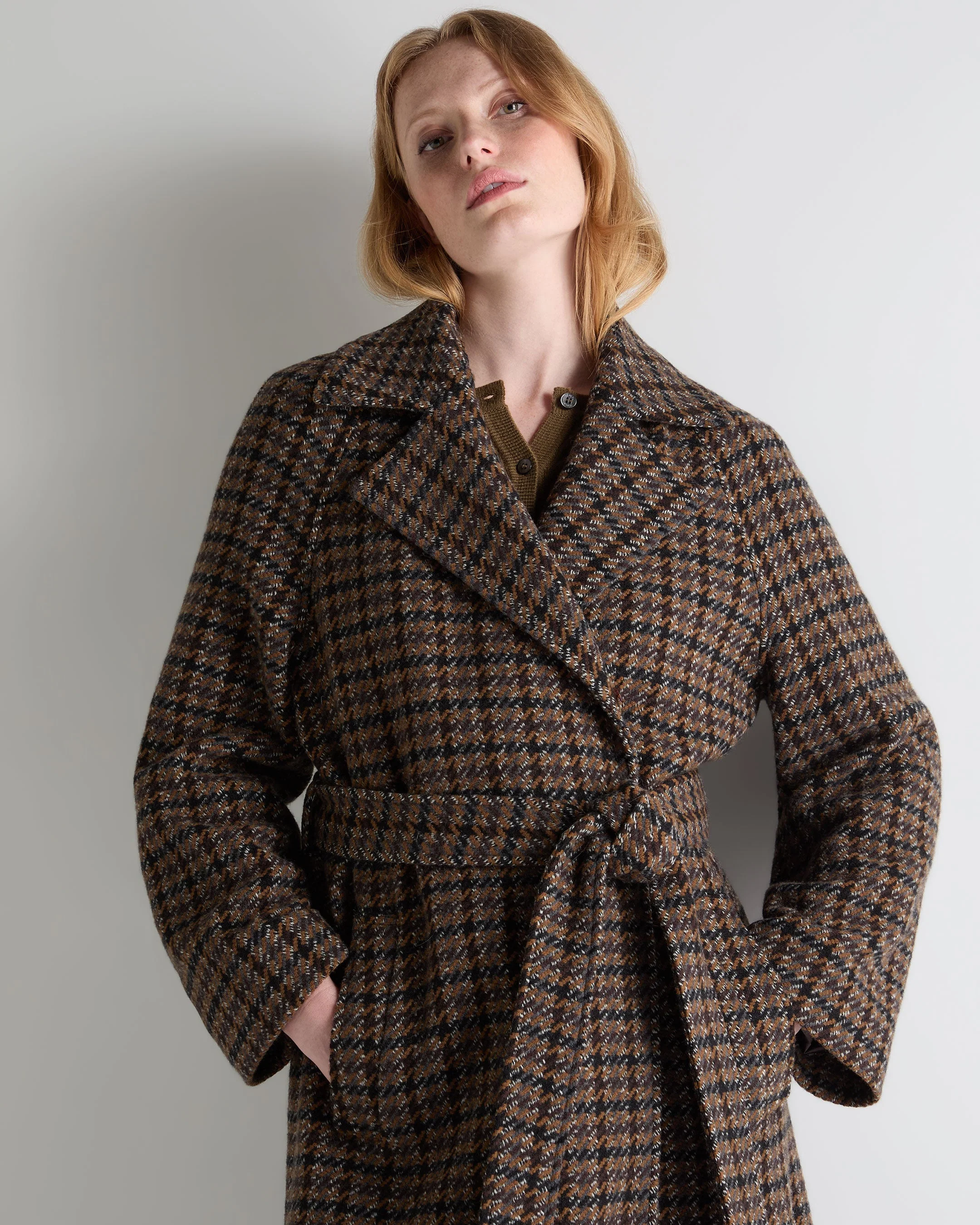Women's Dogtooth Fur Trim Coat Brown - Image 6