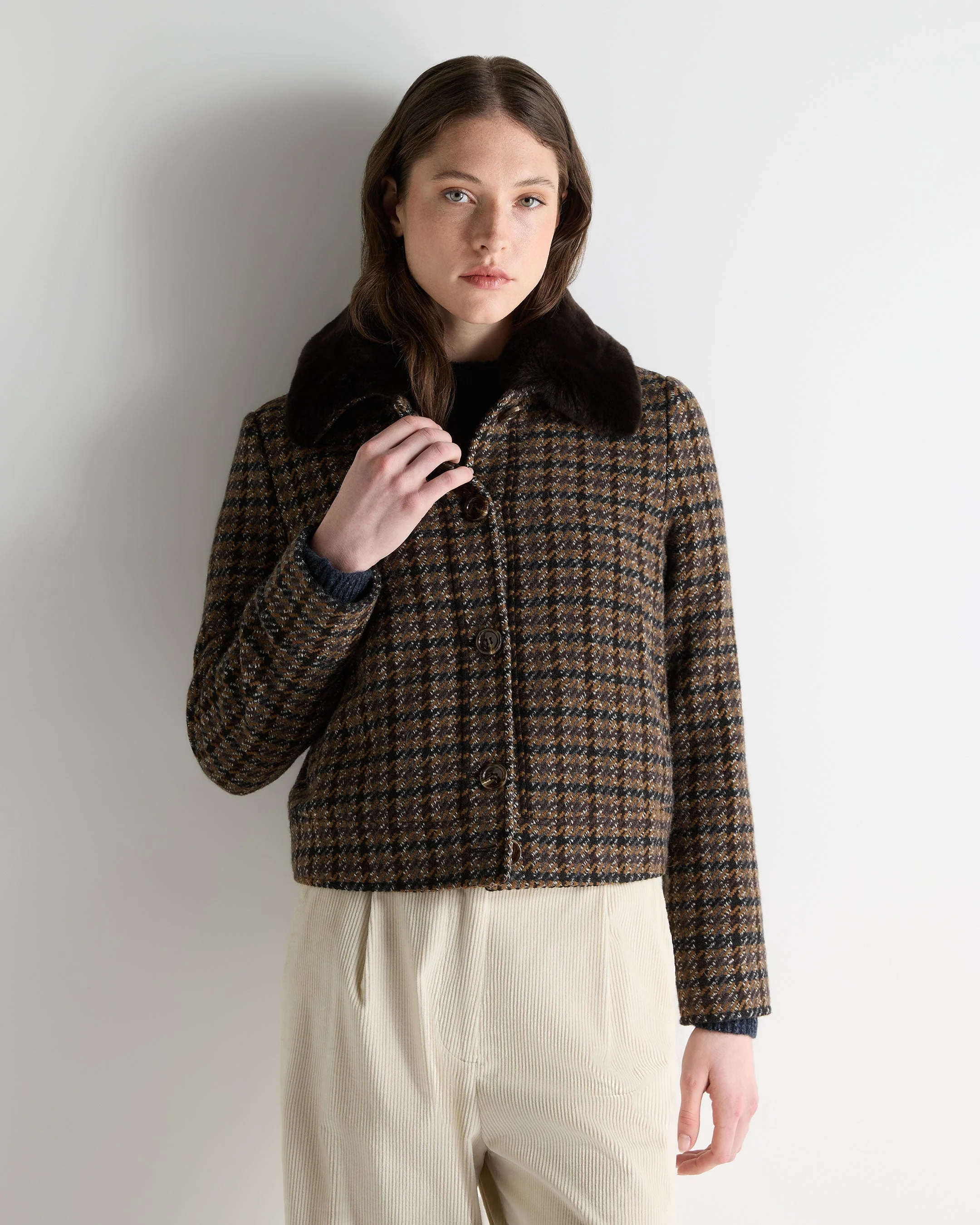 Women's Dogtooth Fur Trim Jacket Brown