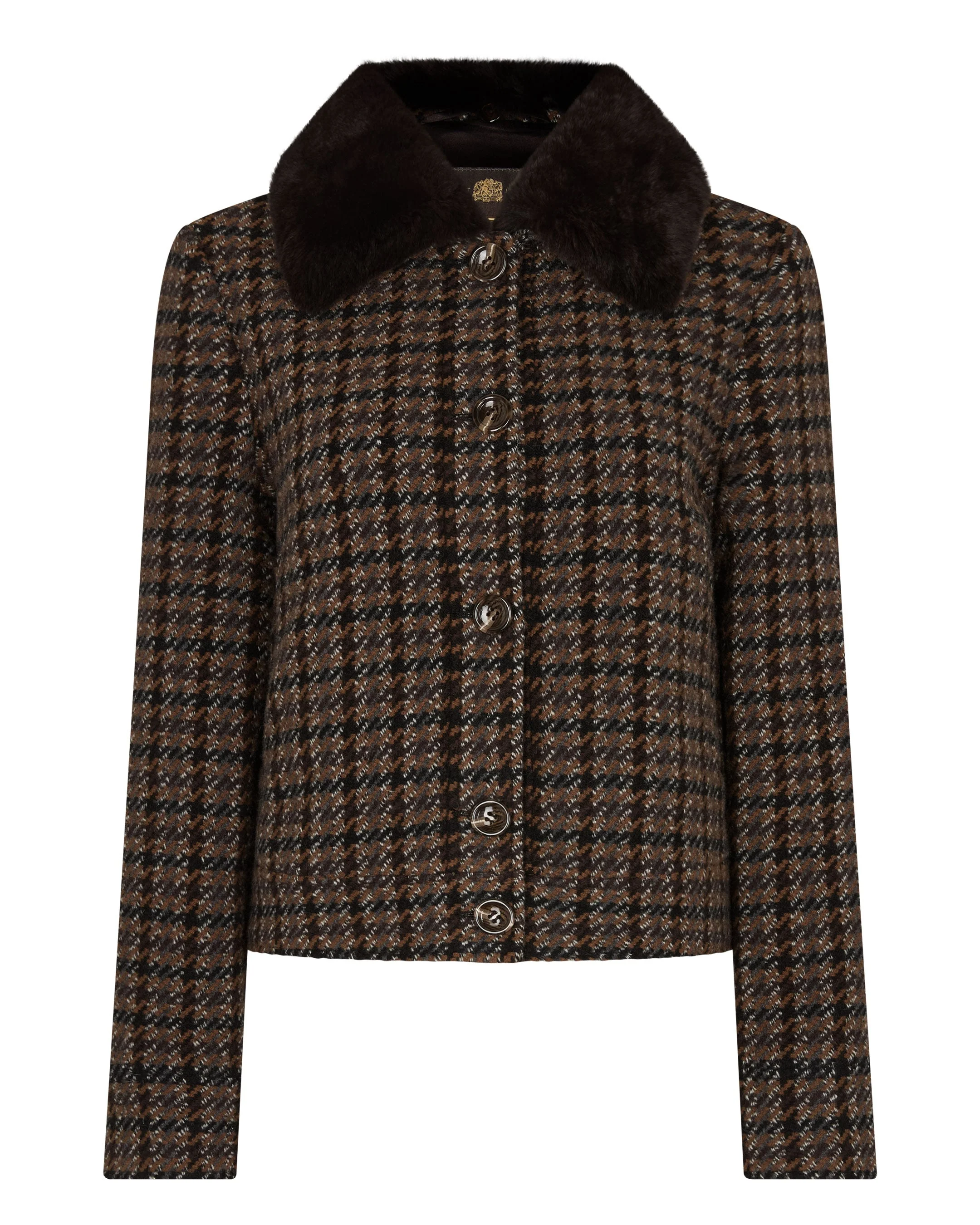Women's Dogtooth Fur Trim Jacket Brown - Image 2