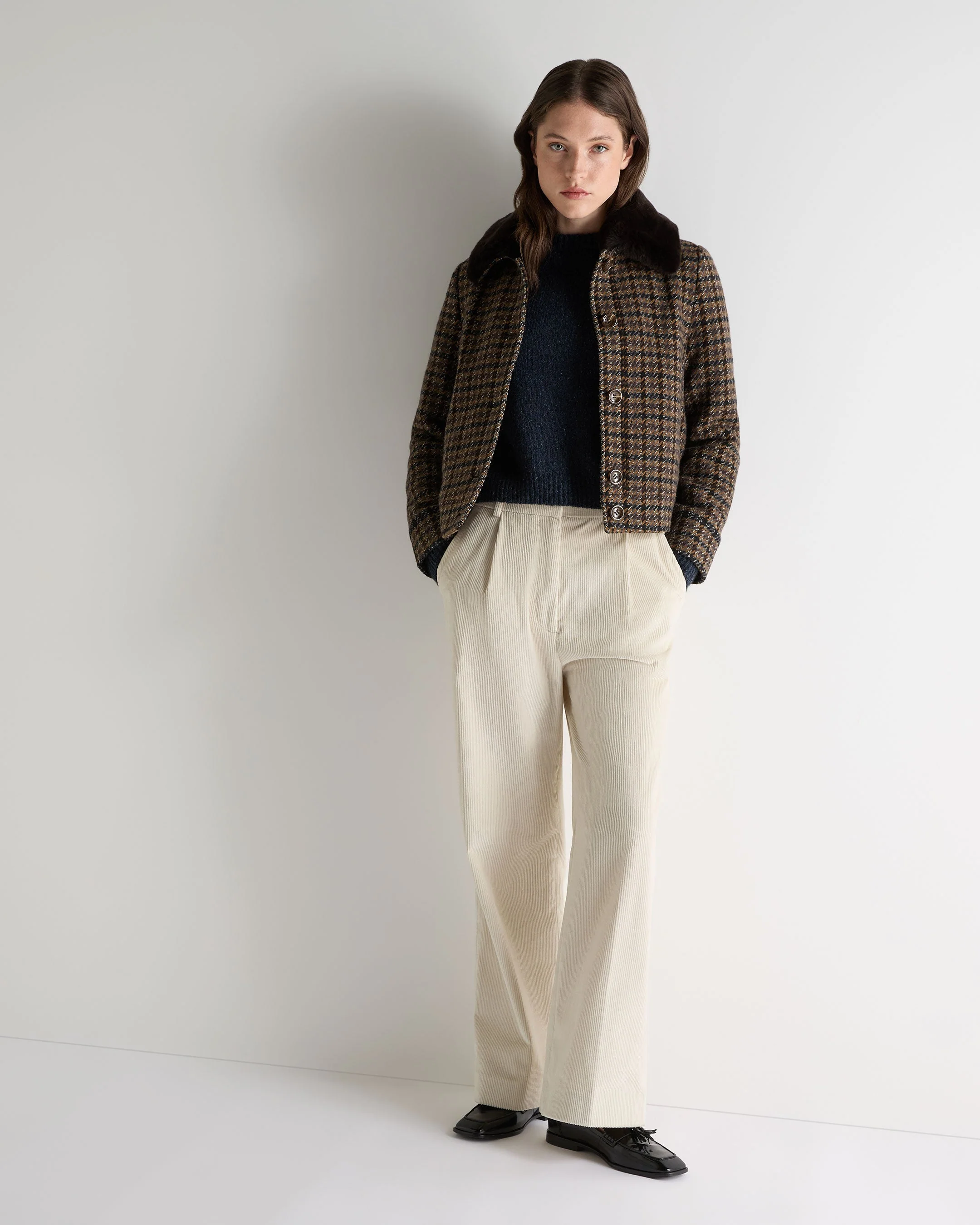 Women's Dogtooth Fur Trim Jacket Brown - Image 3