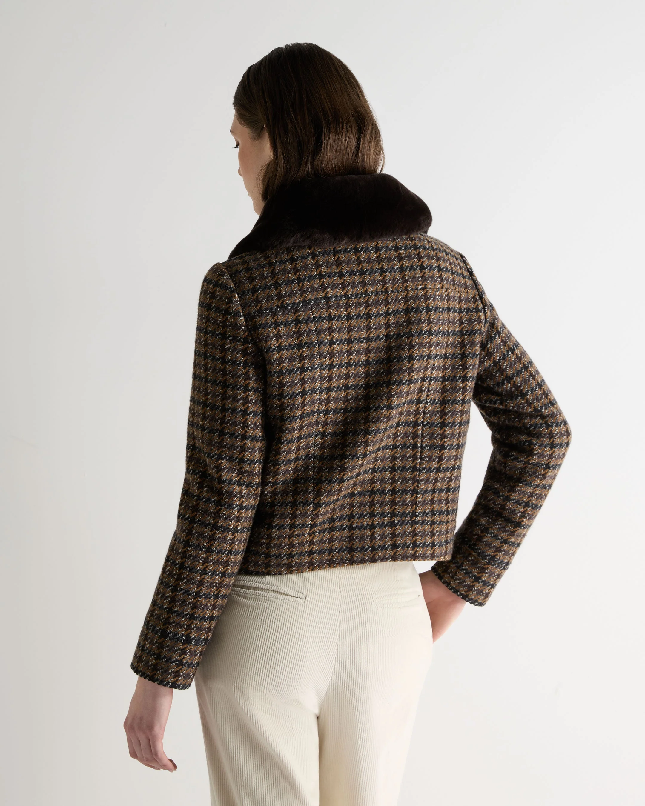 Women's Dogtooth Fur Trim Jacket Brown - Image 4