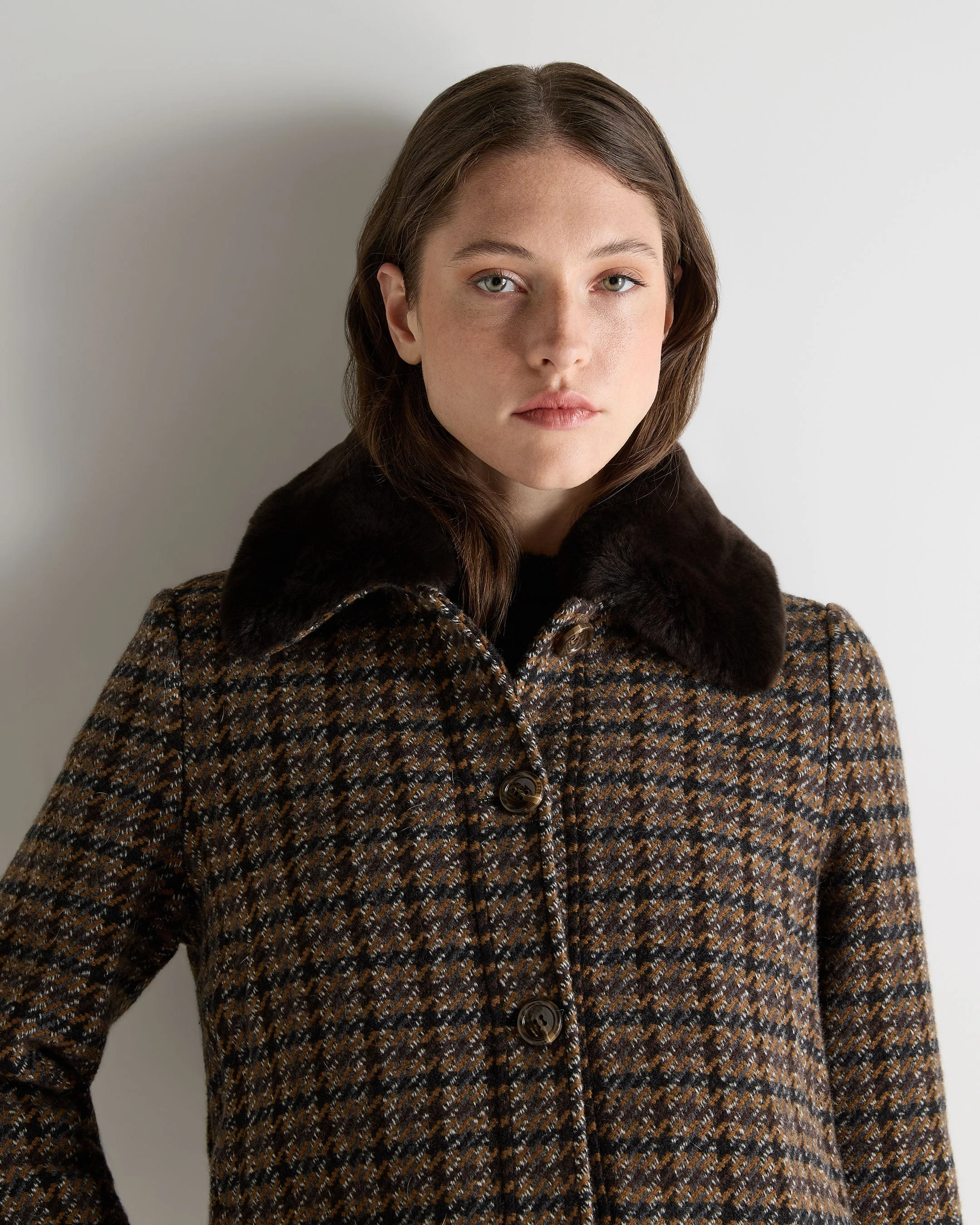 Women's Dogtooth Fur Trim Jacket Brown - Image 5