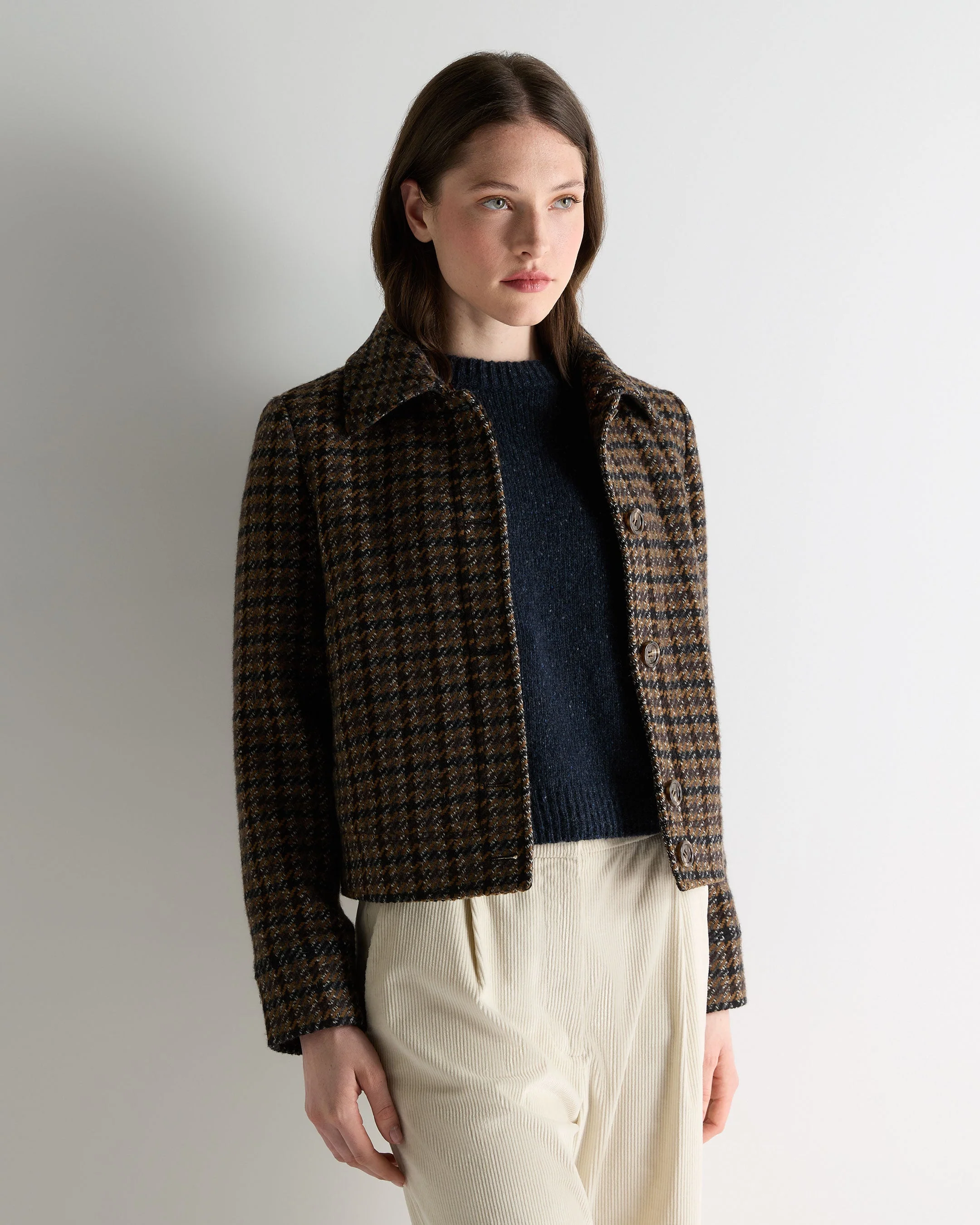 Women's Dogtooth Fur Trim Jacket Brown - Image 6