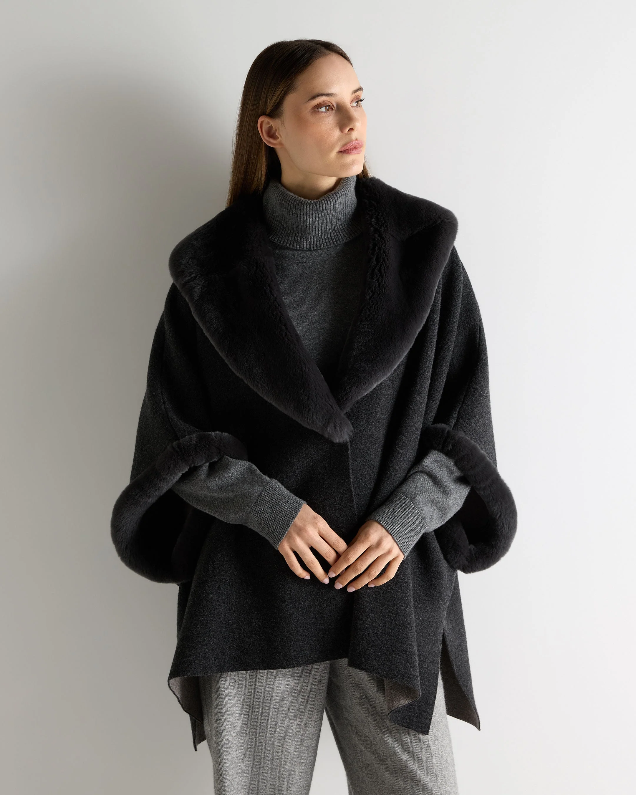 Women's Double Face Fur Cape Dark Graphite Grey