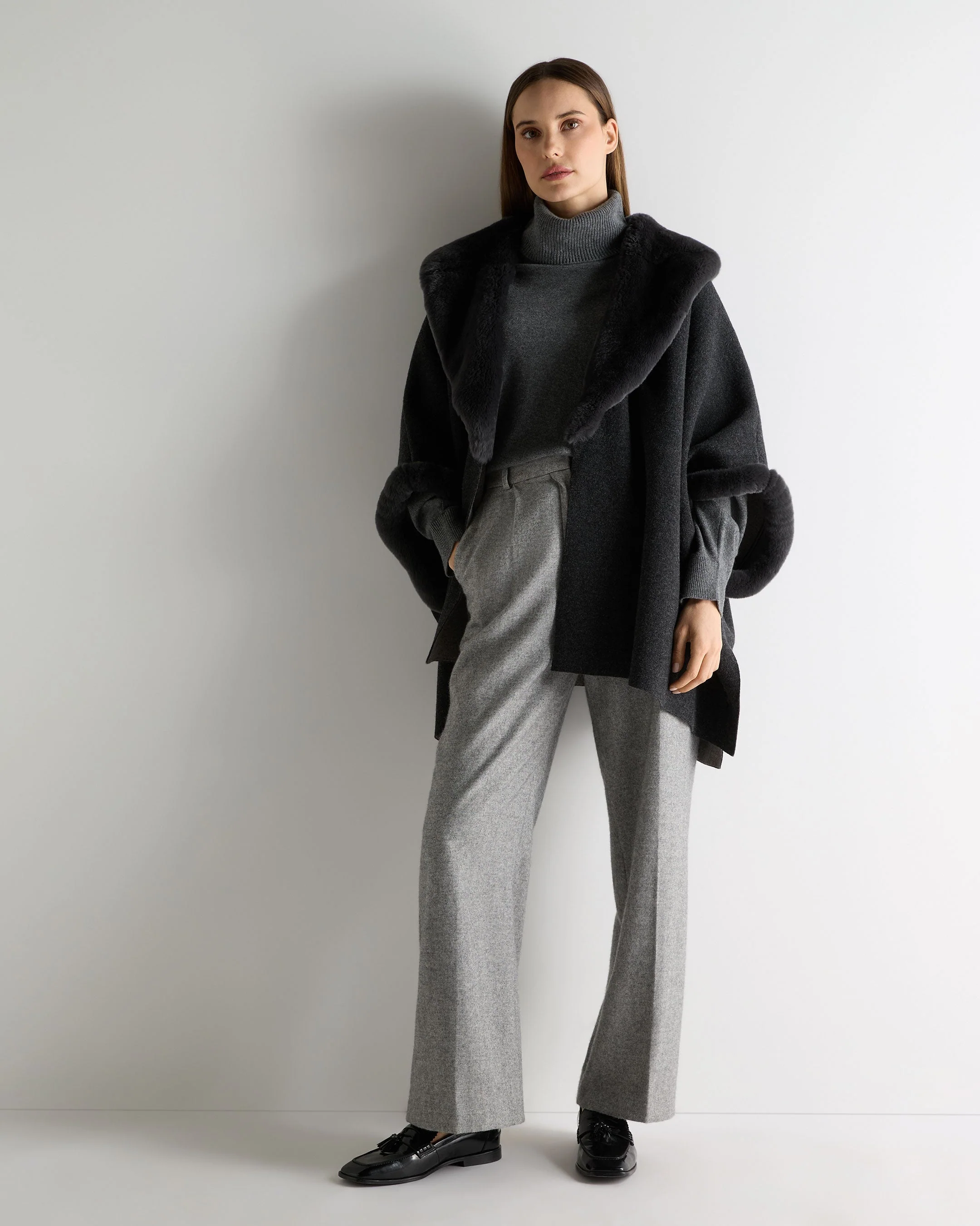 Women's Double Face Fur Cape Dark Graphite Grey - Image 3