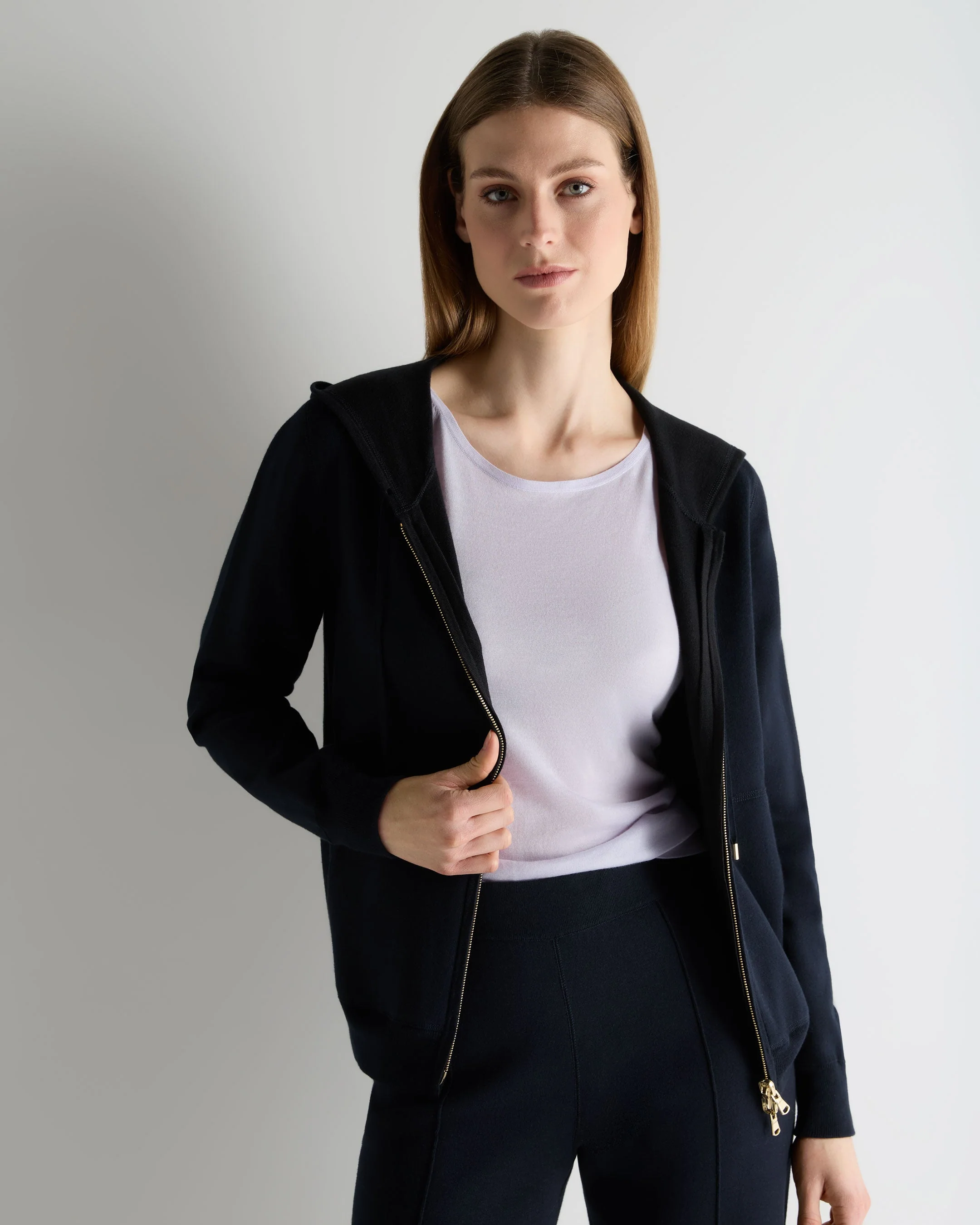 Women's Double Faced Cotton Blend Hoodie Navy Blue