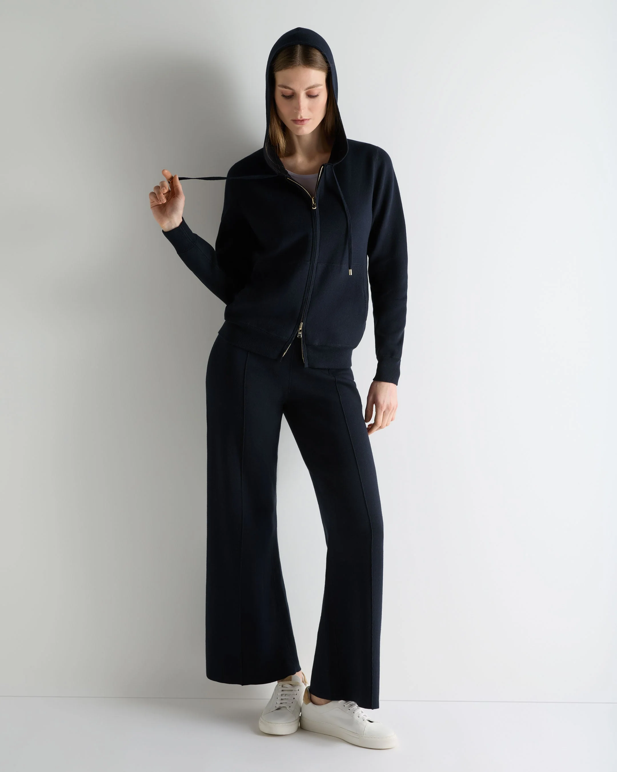 Women's Double Faced Cotton Blend Hoodie Navy Blue - Image 3