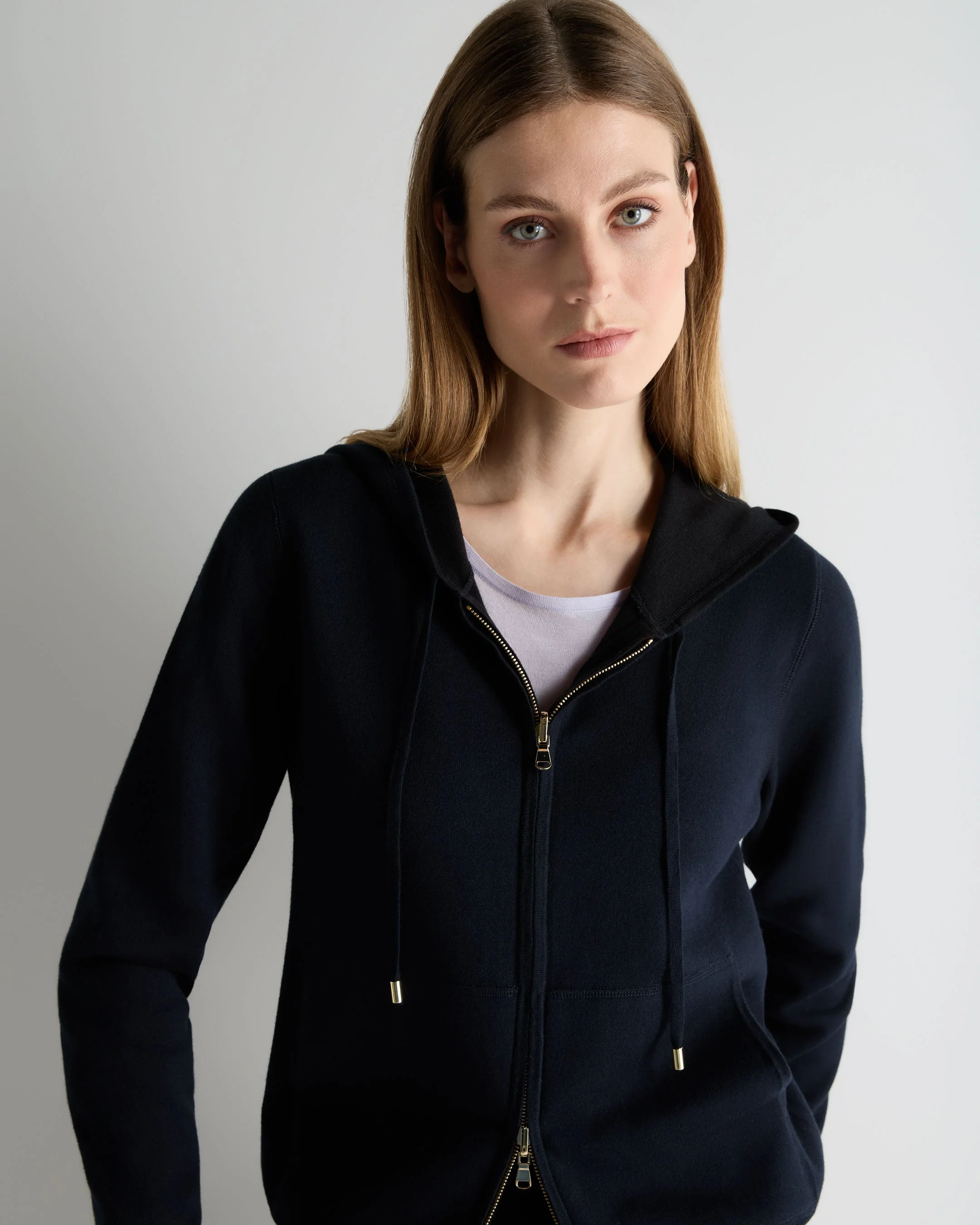 Women's Double Faced Cotton Blend Hoodie Navy Blue - Image 5