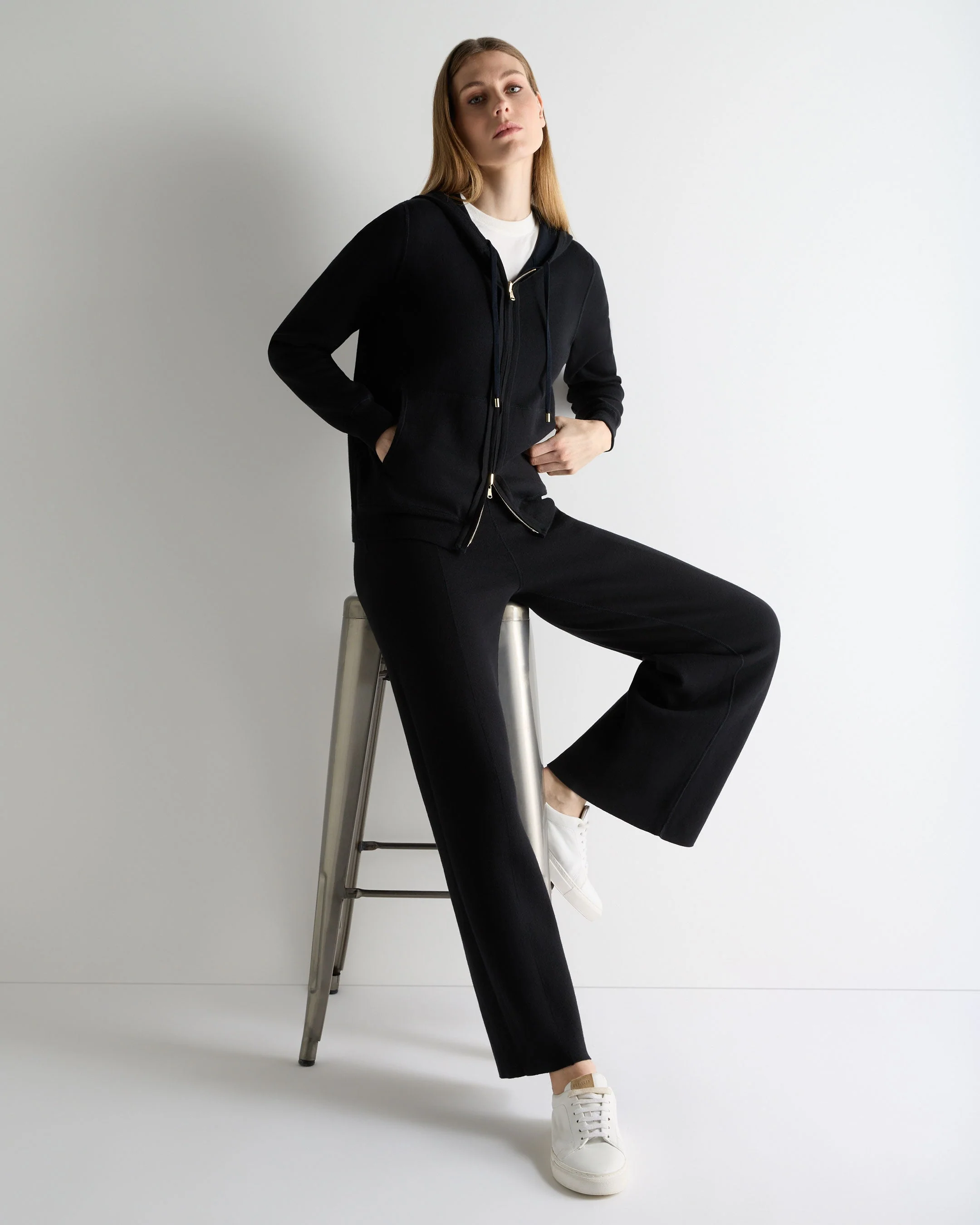 Women's Double Faced Cotton Blend Pants Navy Blue - Image 3