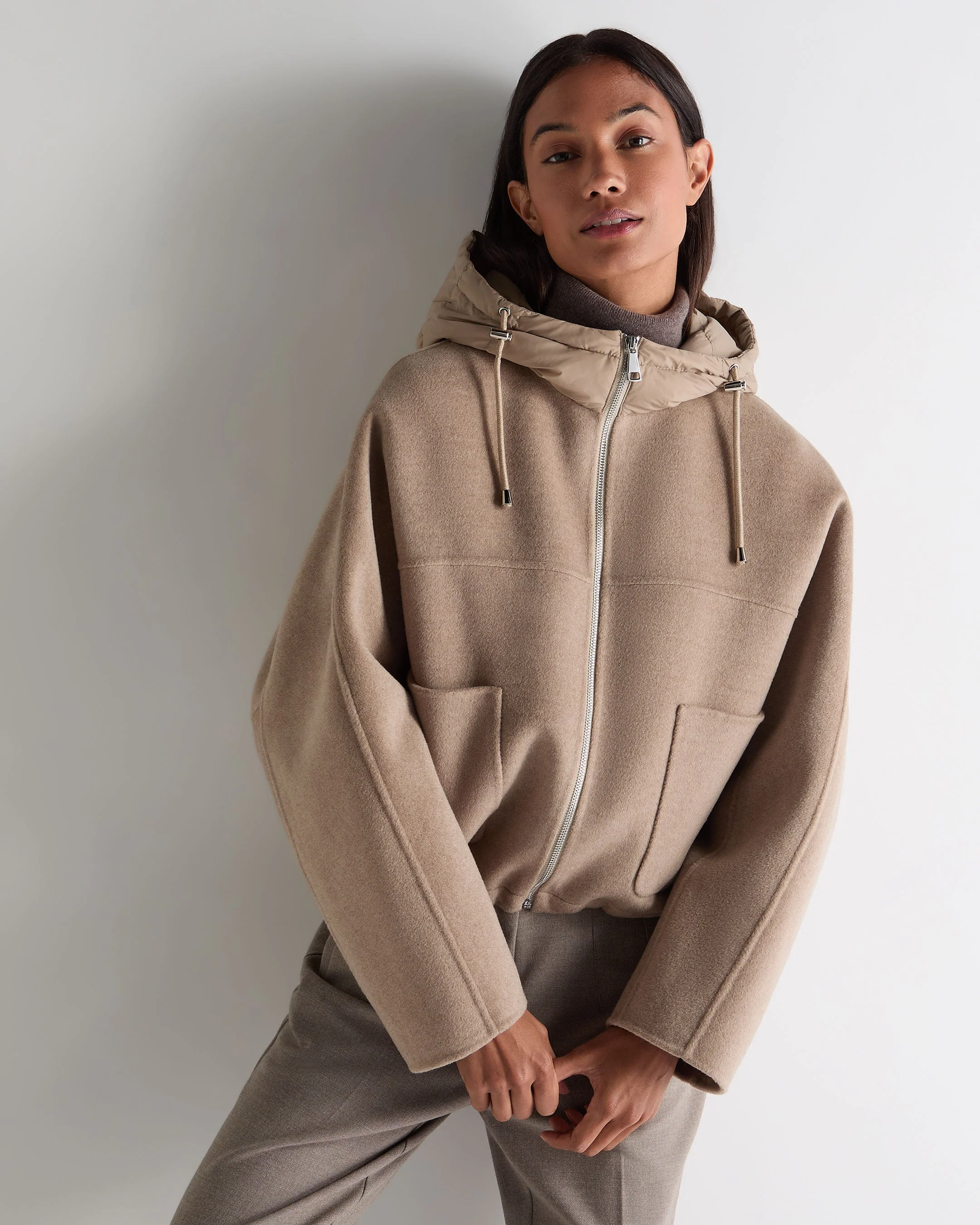 Women's Down Hood Jacket Taupe Brown - Image 6