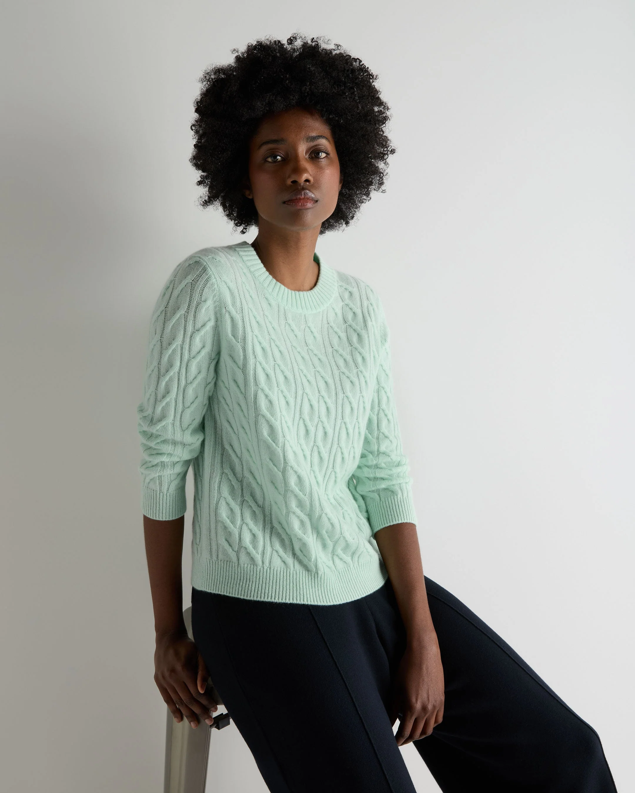 Women's Emilia Cable Round Neck Cashmere Sweater Mint Green