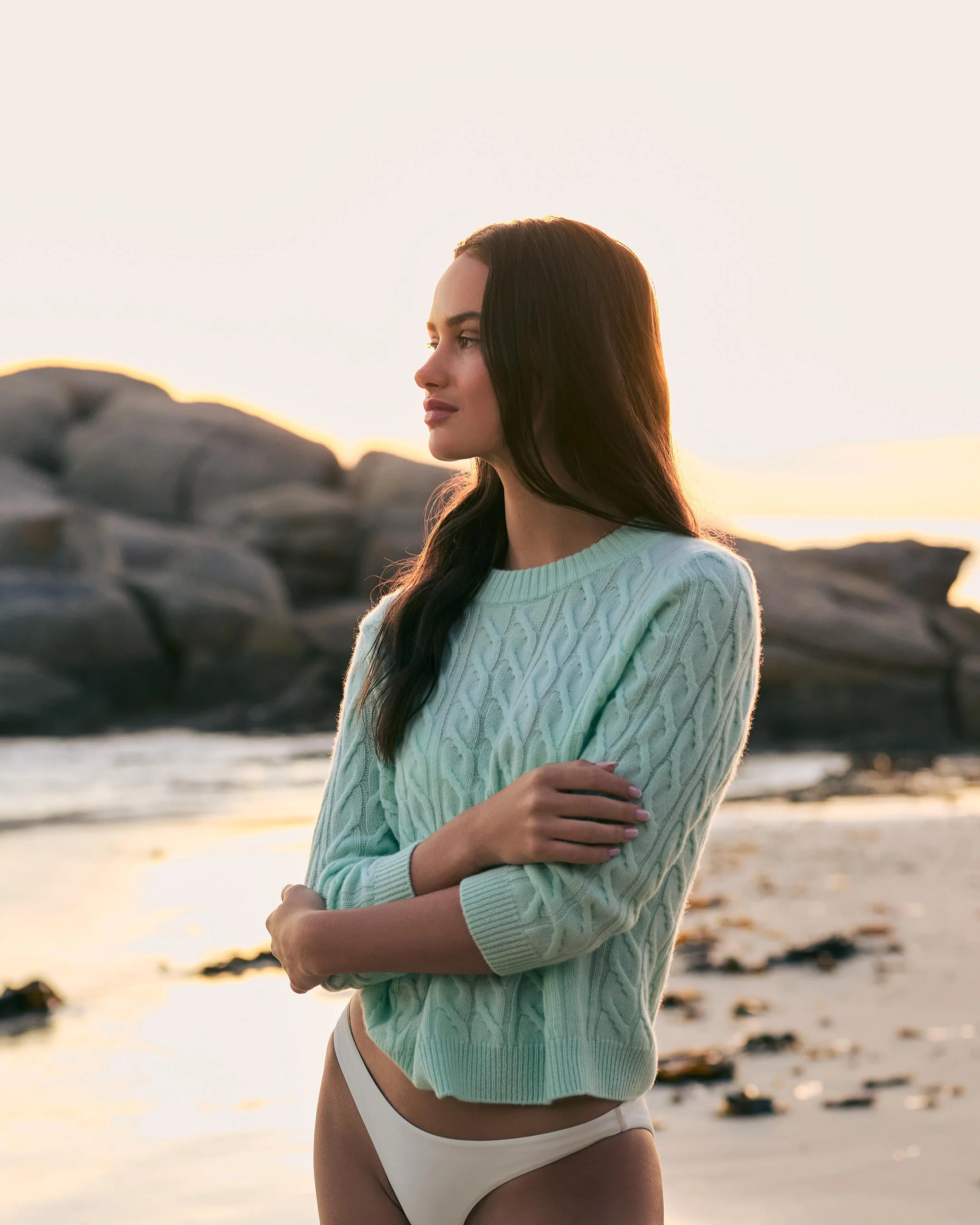 Women's Emilia Cable Round Neck Cashmere Sweater Mint Green - Image 6