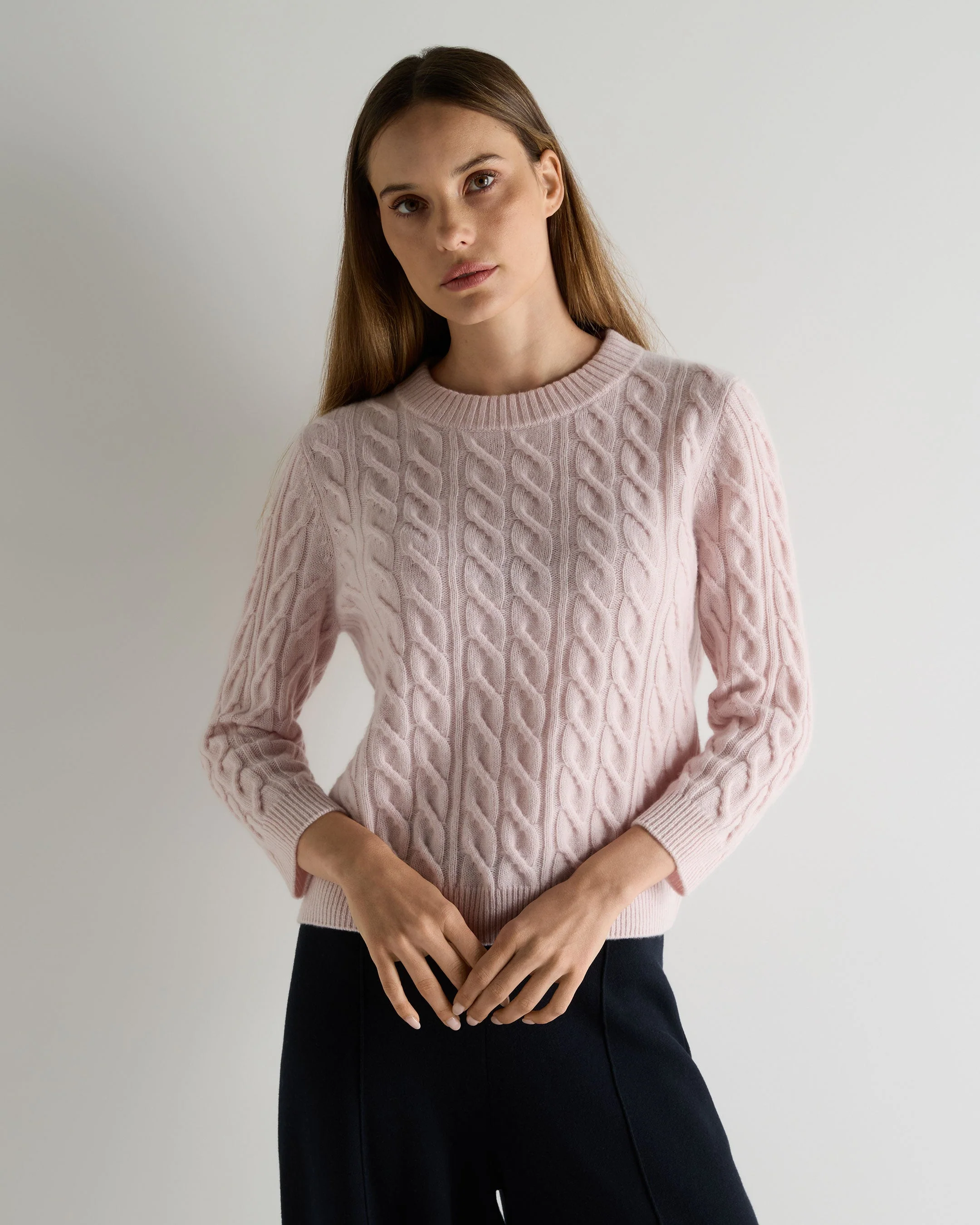 Women's Emilia Cable Round Neck Cashmere Sweater Powder Pink