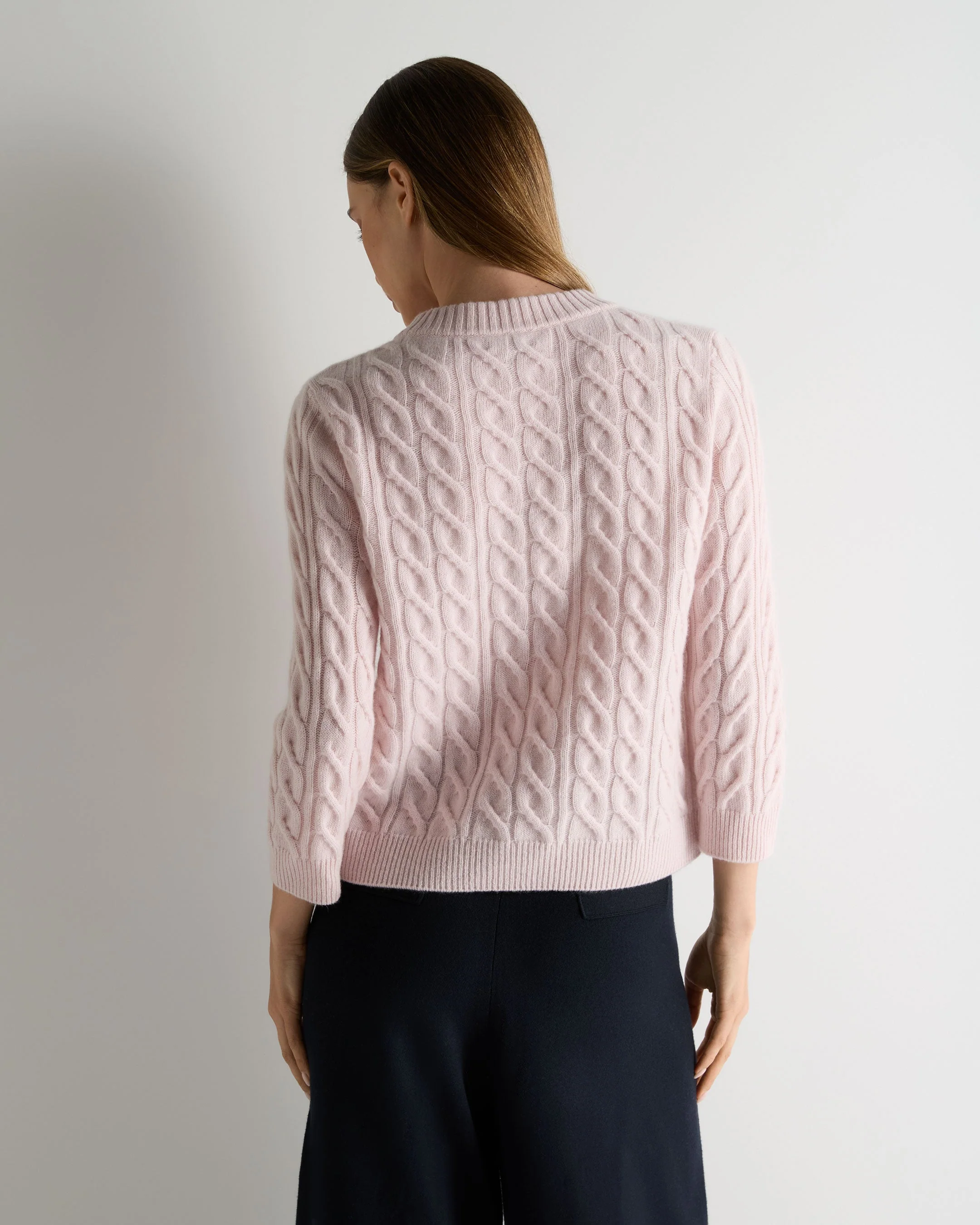 Women's Emilia Cable Round Neck Cashmere Sweater Powder Pink - Image 4