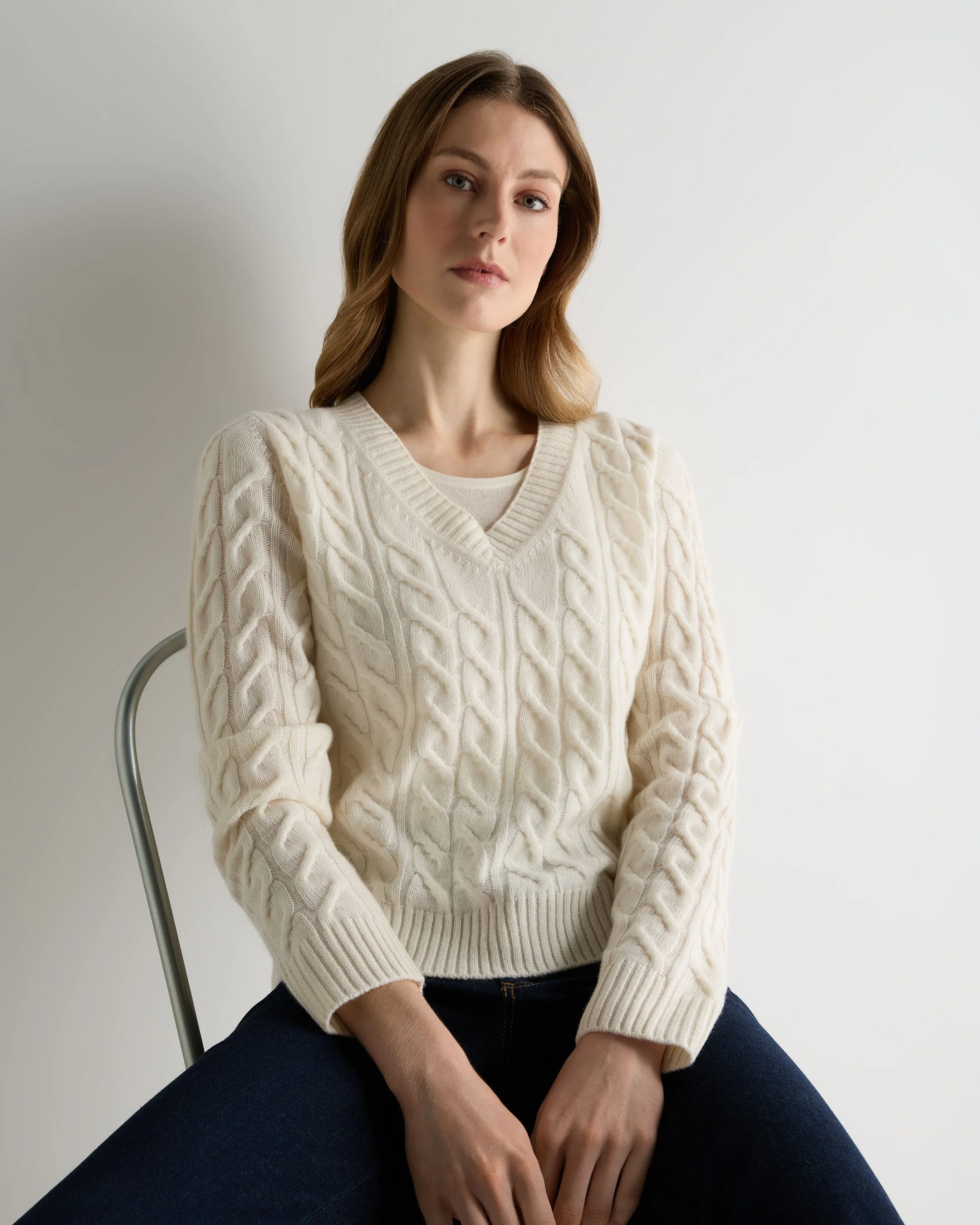 Women's Frankie Cable V Neck Cashmere Sweater New Ivory White