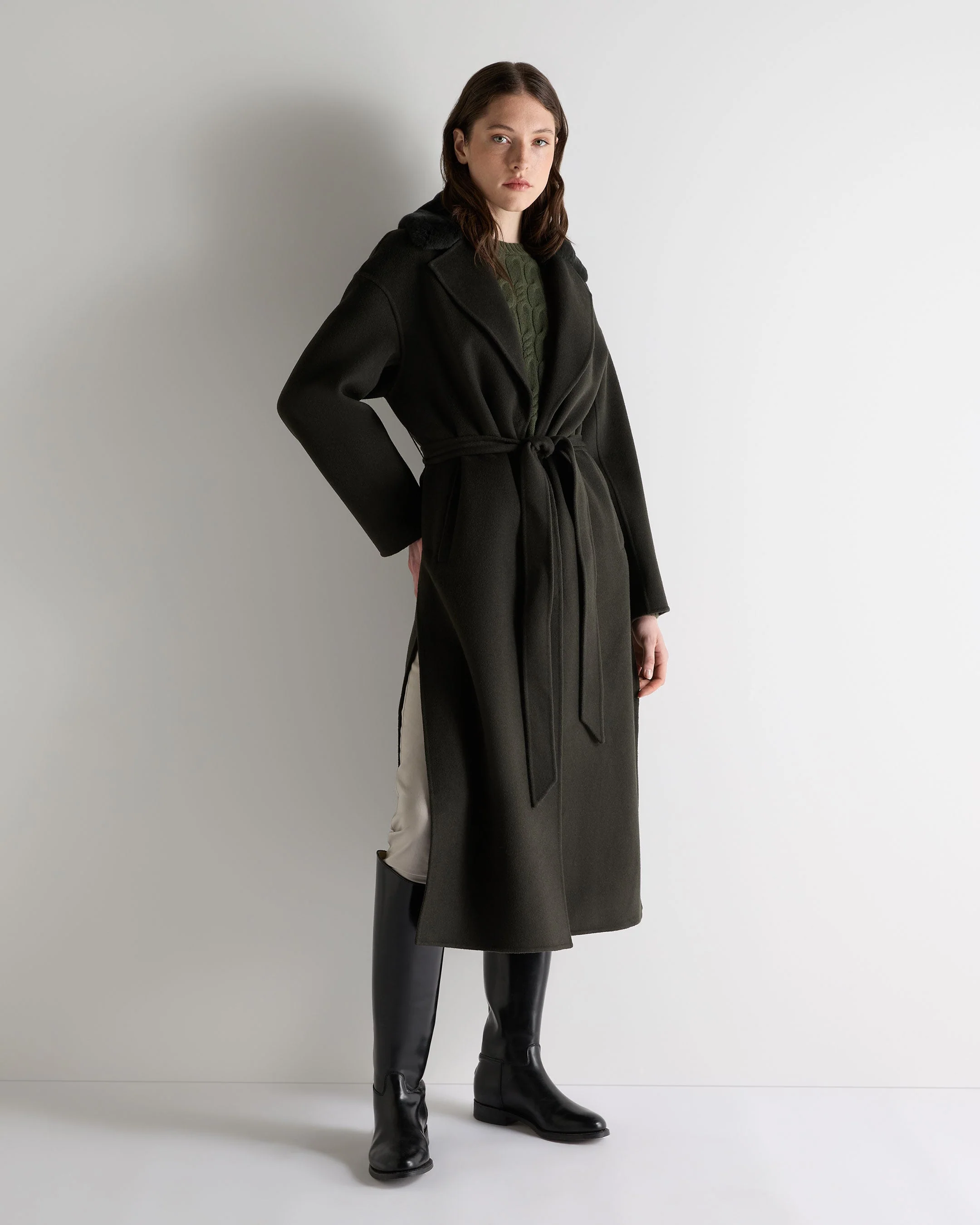 Women's Fur Collar Longline Coat Green - Image 3
