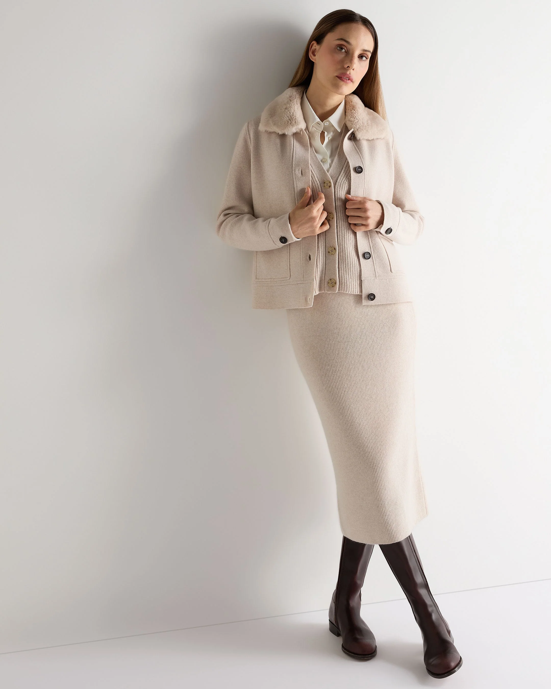 Women's Fur Collar Milano Cashmere Jacket Ecru White - Image 3