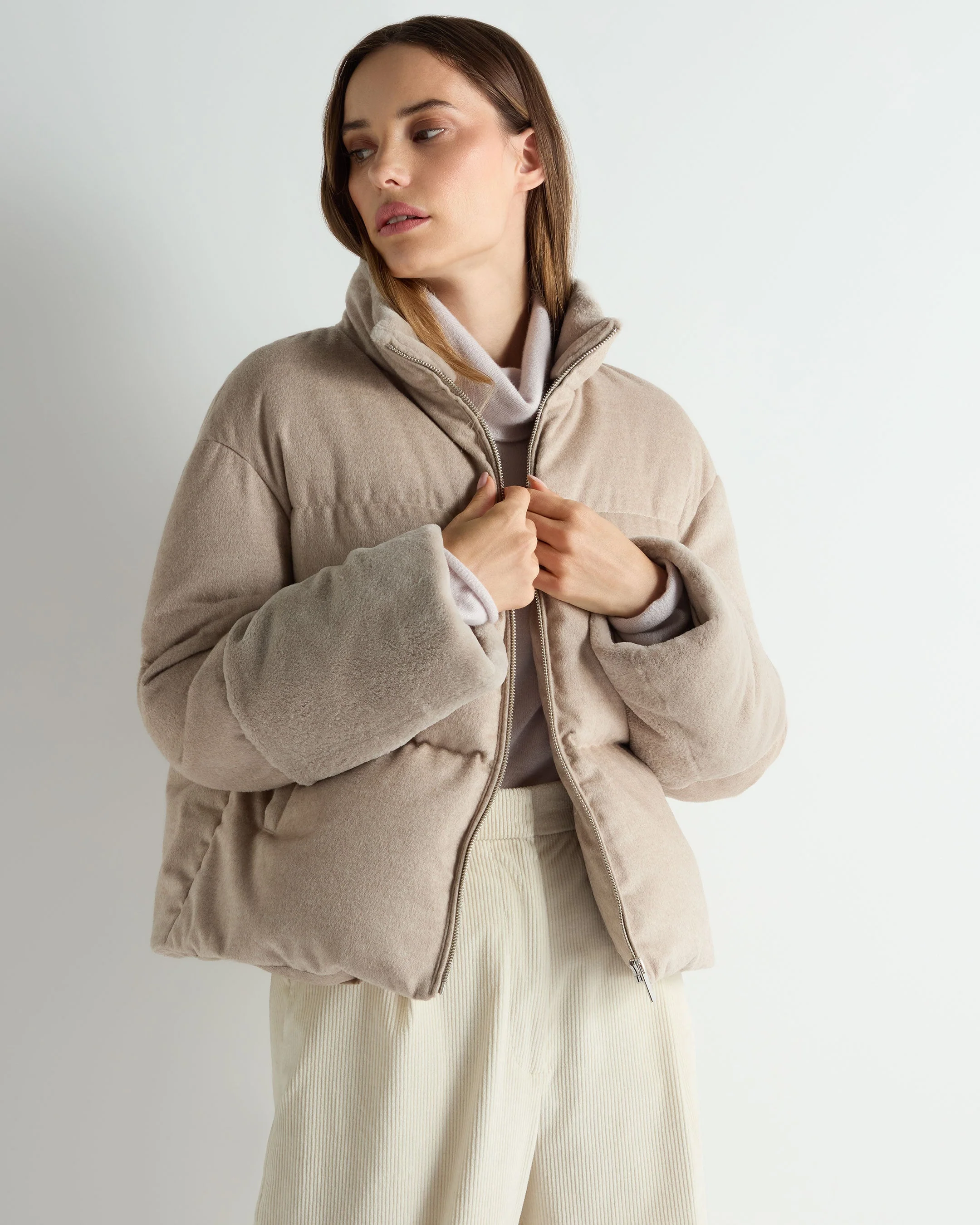 Women's Fur Cuff Padded Jacket Beige Brown