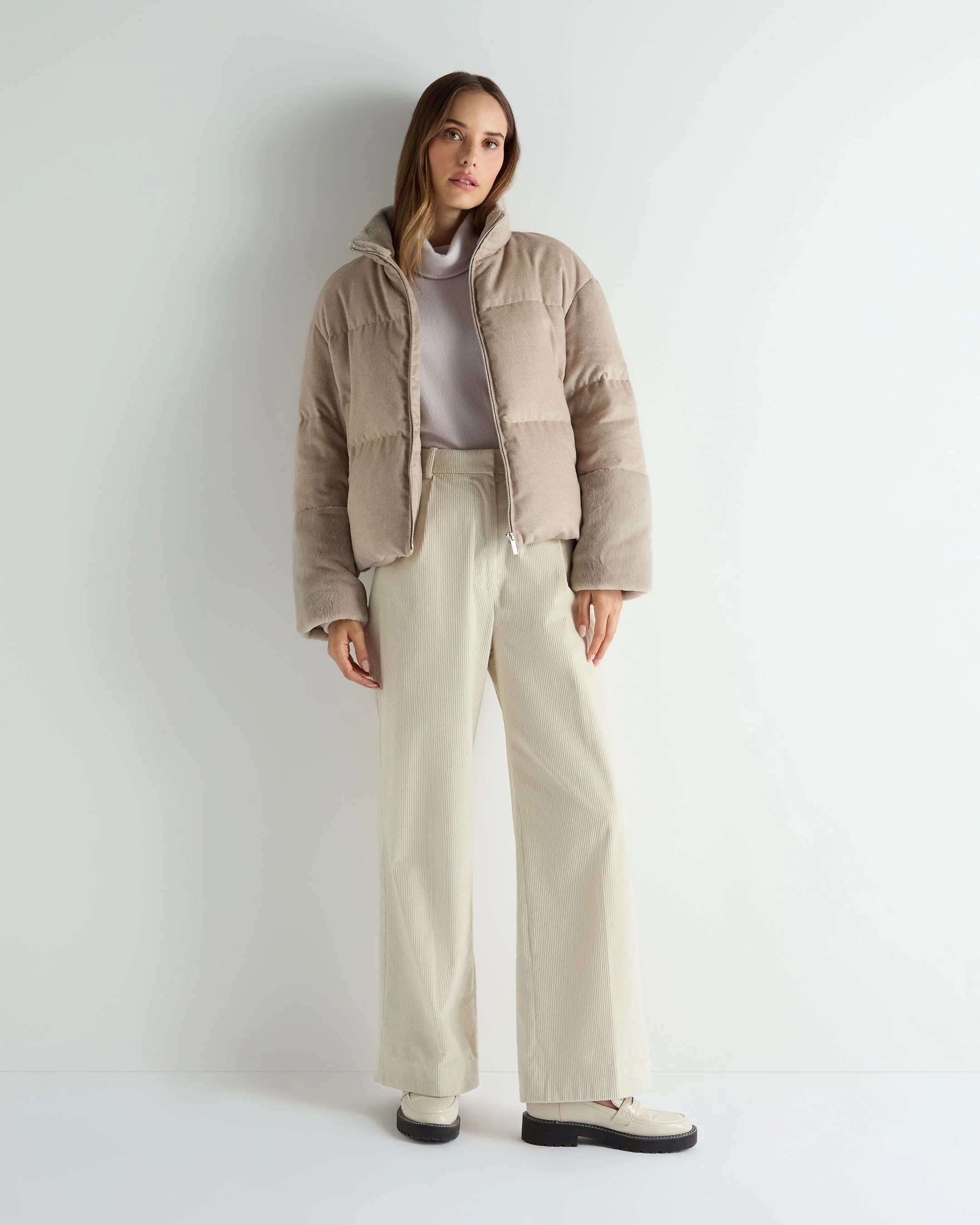 Women's Fur Cuff Padded Jacket Beige Brown - Image 3