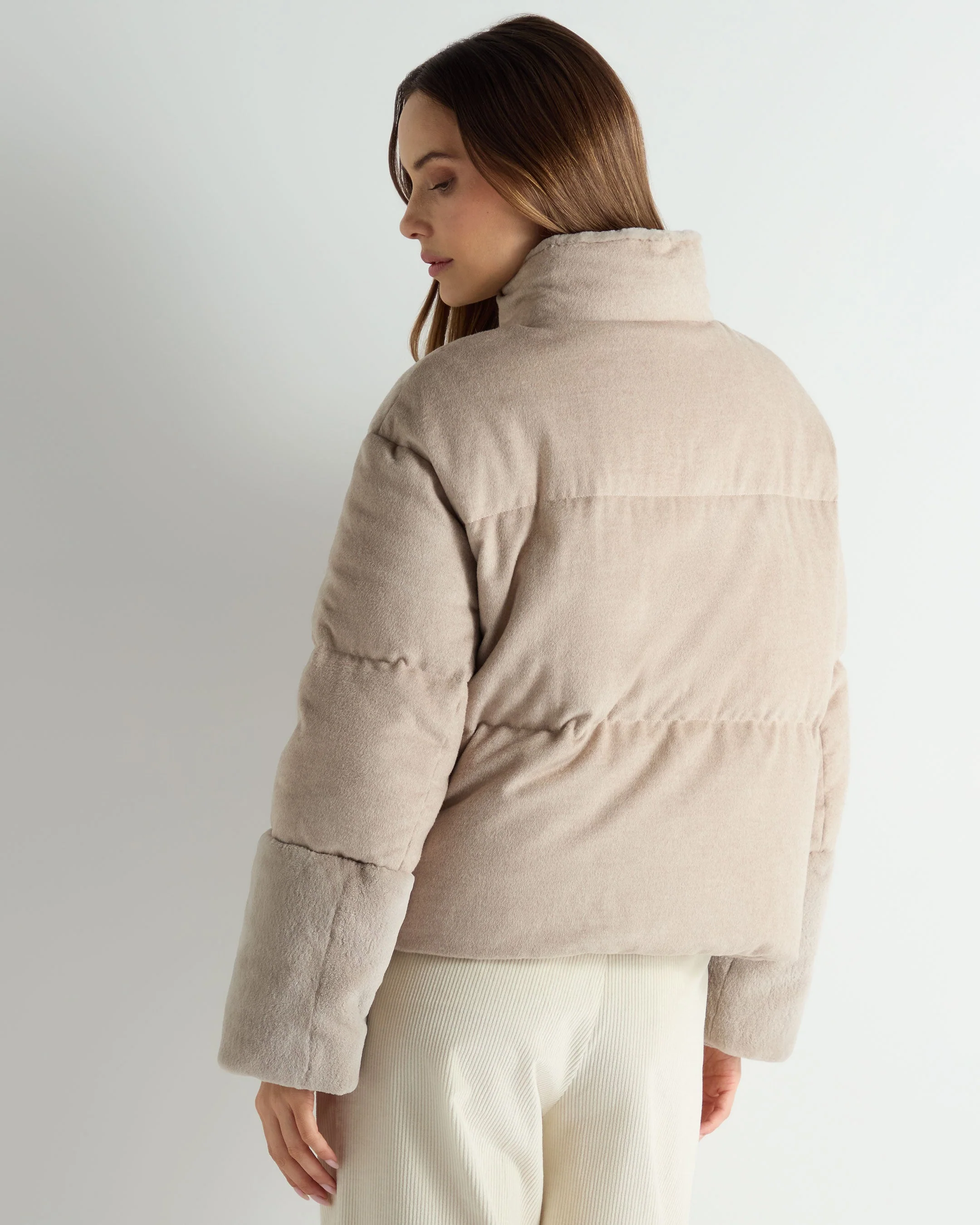 Women's Fur Cuff Padded Jacket Beige Brown - Image 4