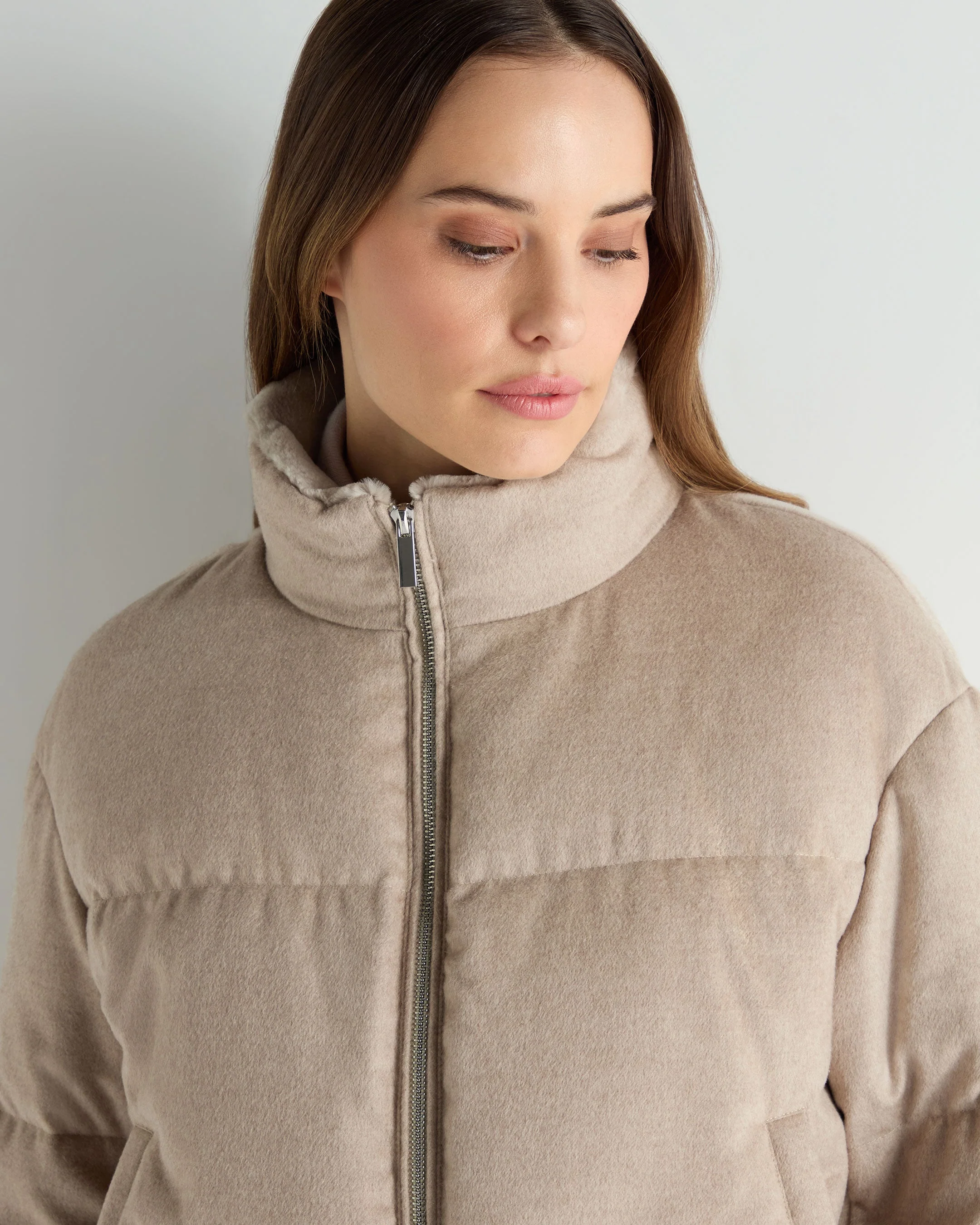 Women's Fur Cuff Padded Jacket Beige Brown - Image 5