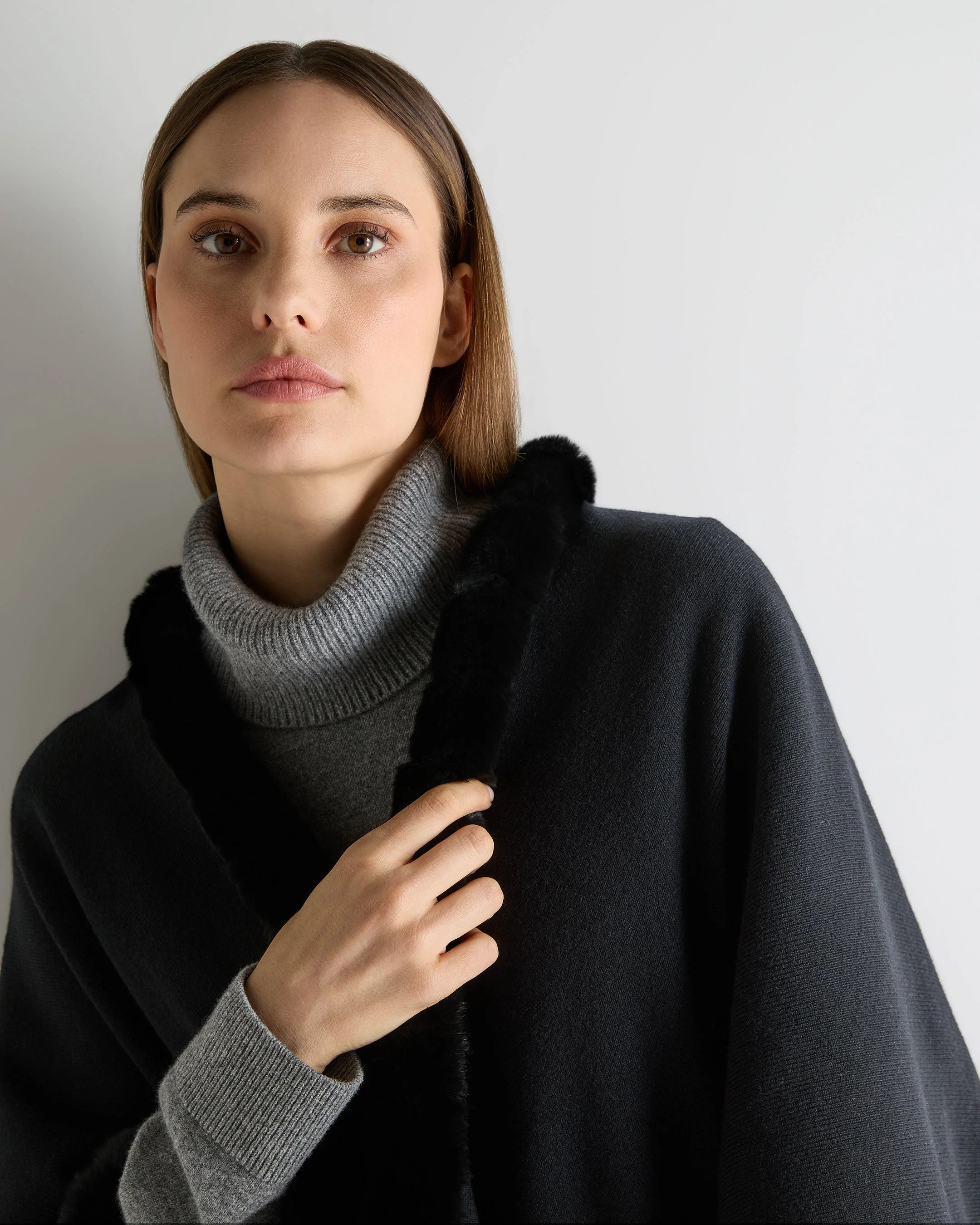 Women's Ayla Fur Trim Cashmere Cape Black - Image 5