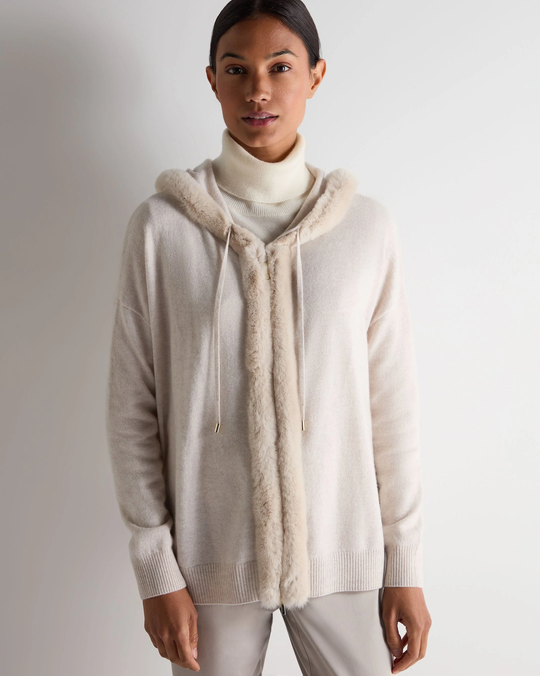 Women's Alicia Fur Trim Cashmere Hoodie Frost White