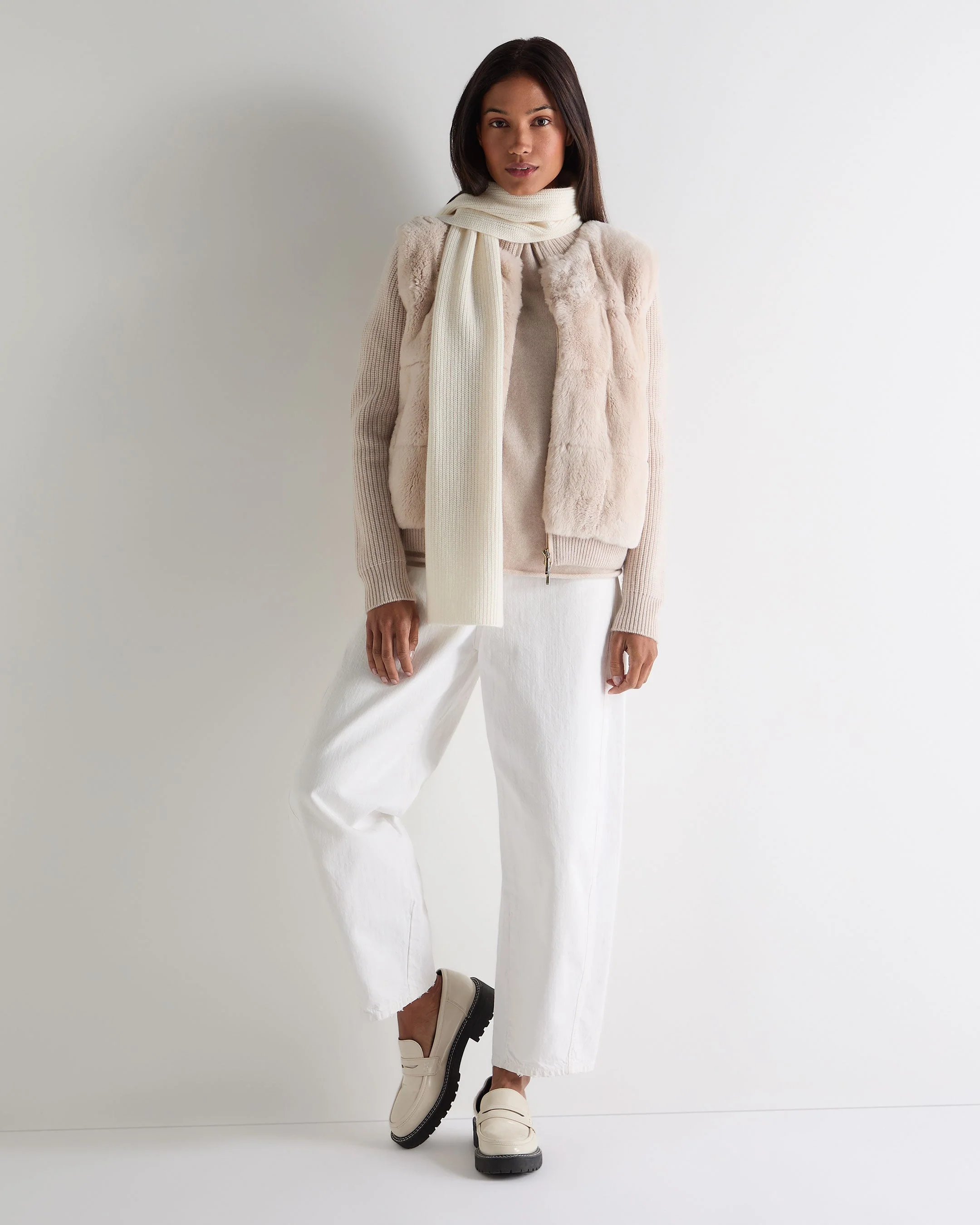 Women's Fur Trim Rib Cashmere Cardigan Ecru White - Image 3