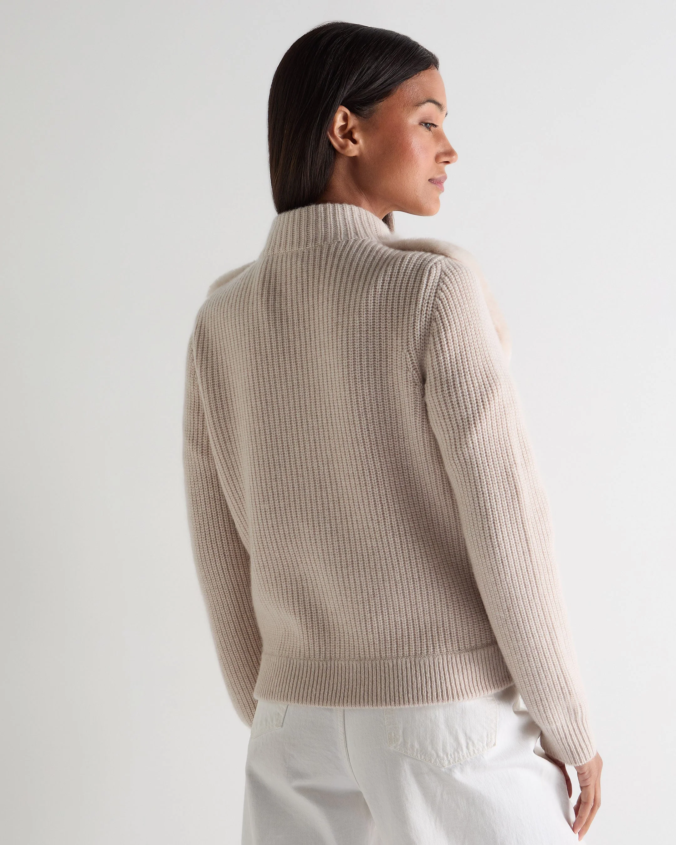 Women's Fur Trim Rib Cashmere Cardigan Ecru White - Image 4