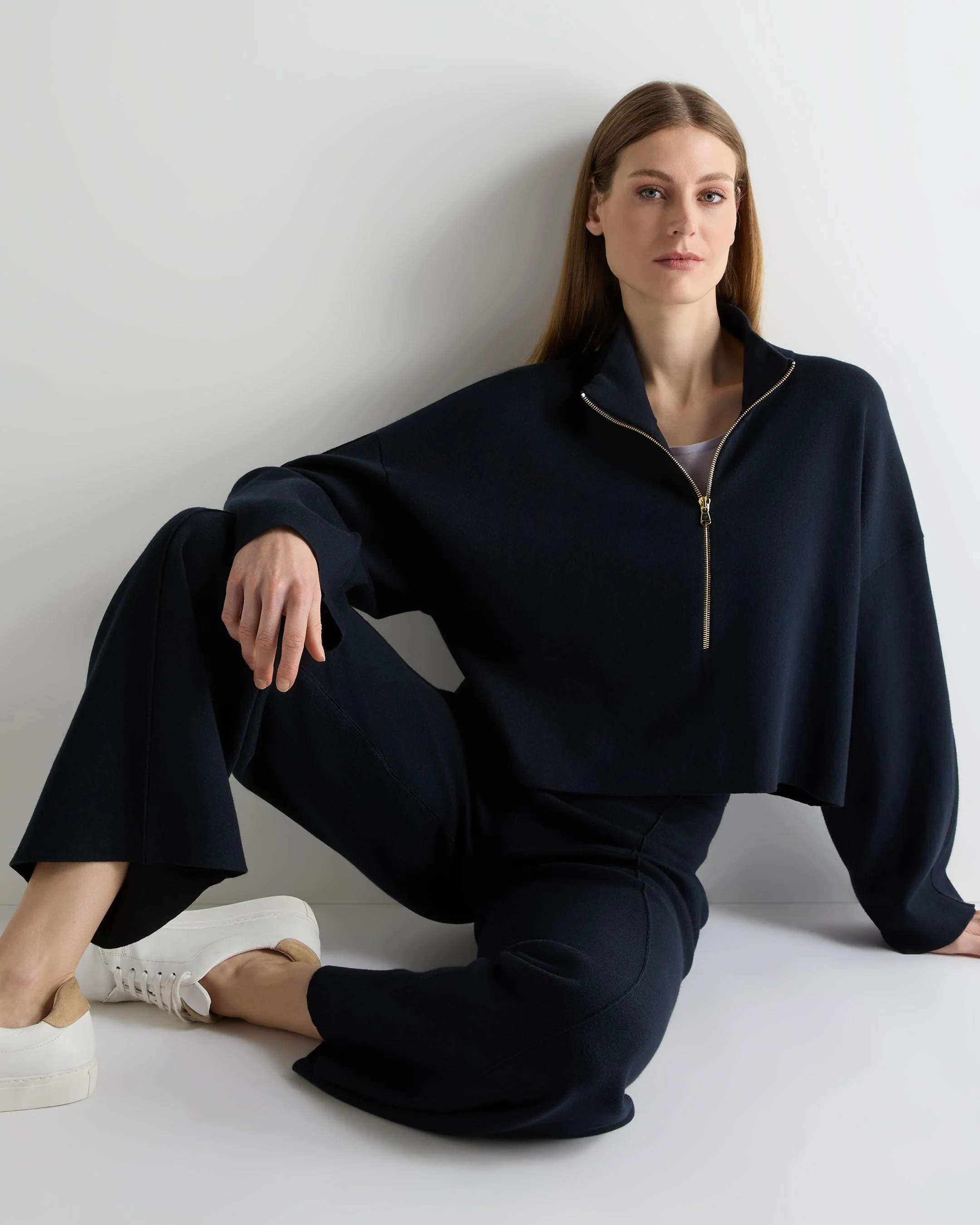 Women's Half Zip Cotton Blend Sweatshirt Navy Blue - Image 3