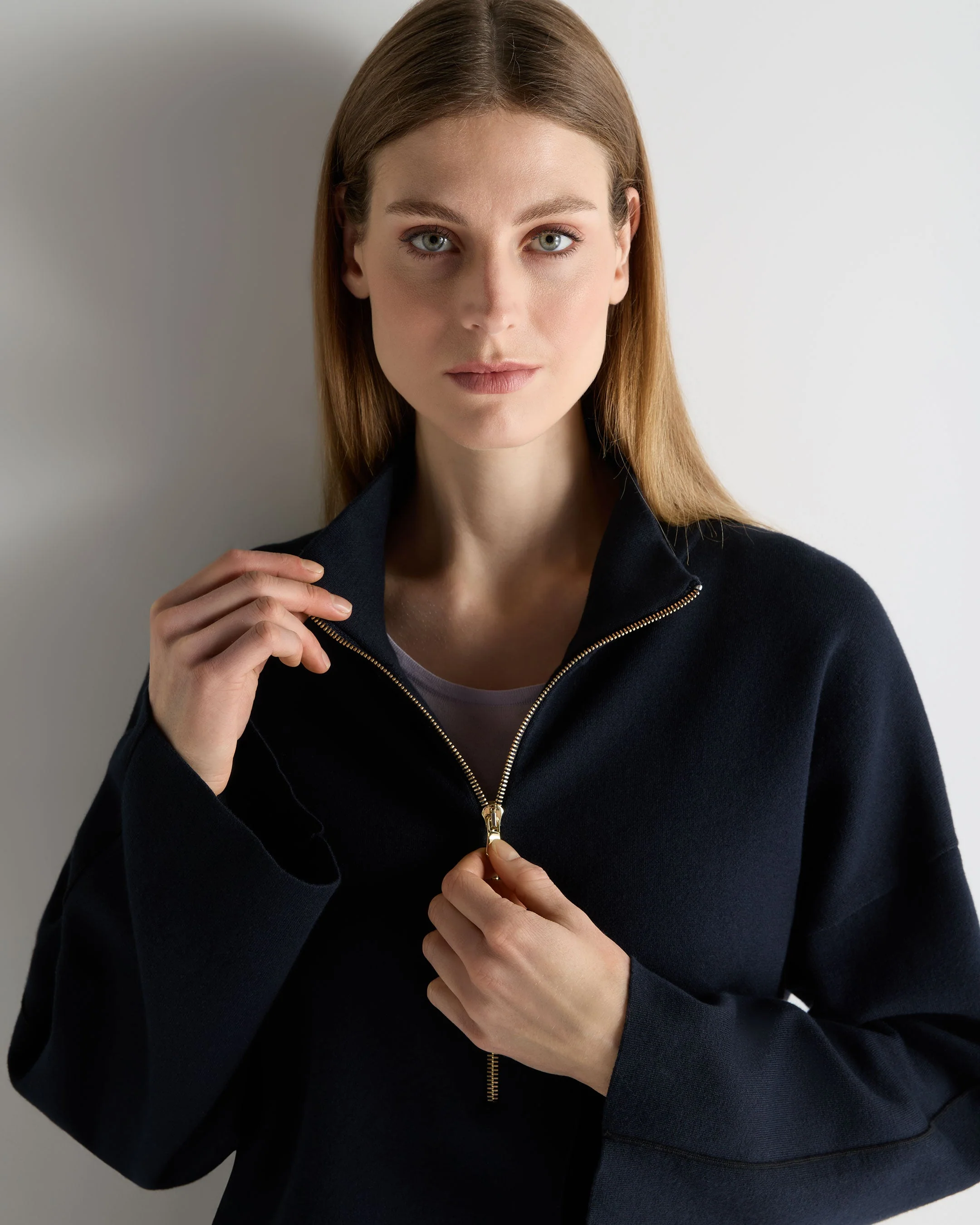 Women's Half Zip Cotton Blend Sweatshirt Navy Blue - Image 5