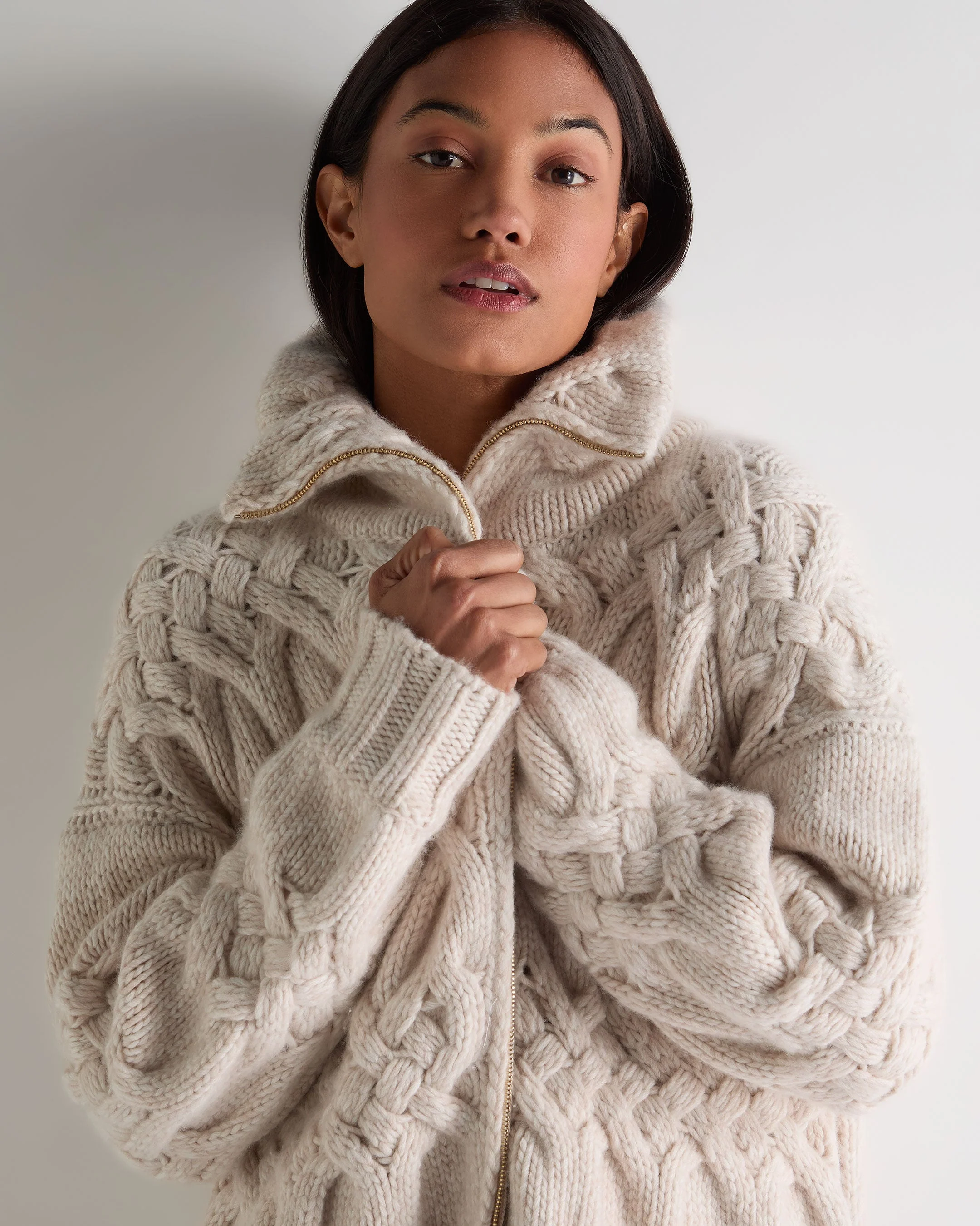 Women's Hero Zip Cable Cashmere Sweater Ecru White - Image 5