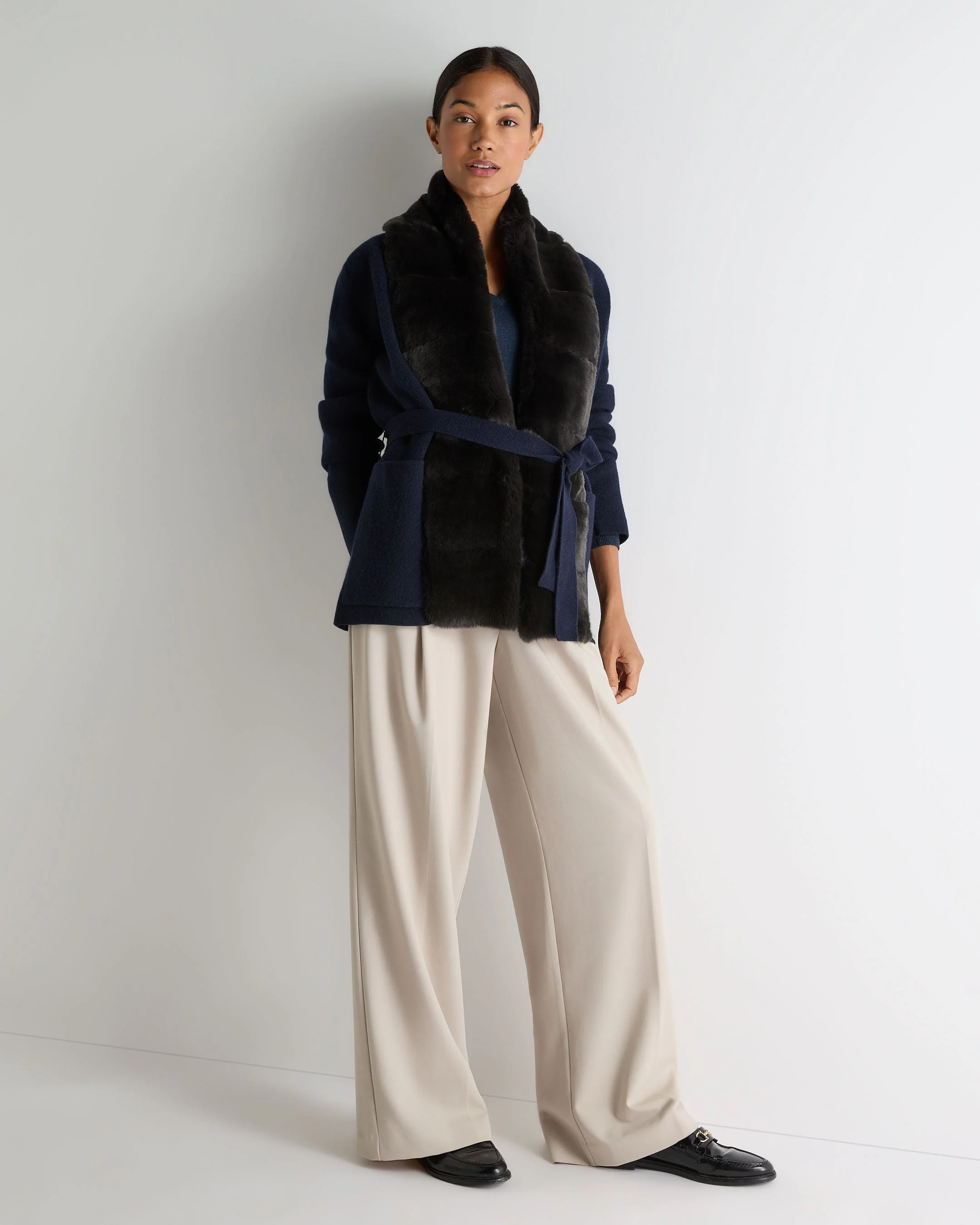 Women's Ruby Herringbone Fur Cardigan Navy Blue - Image 3
