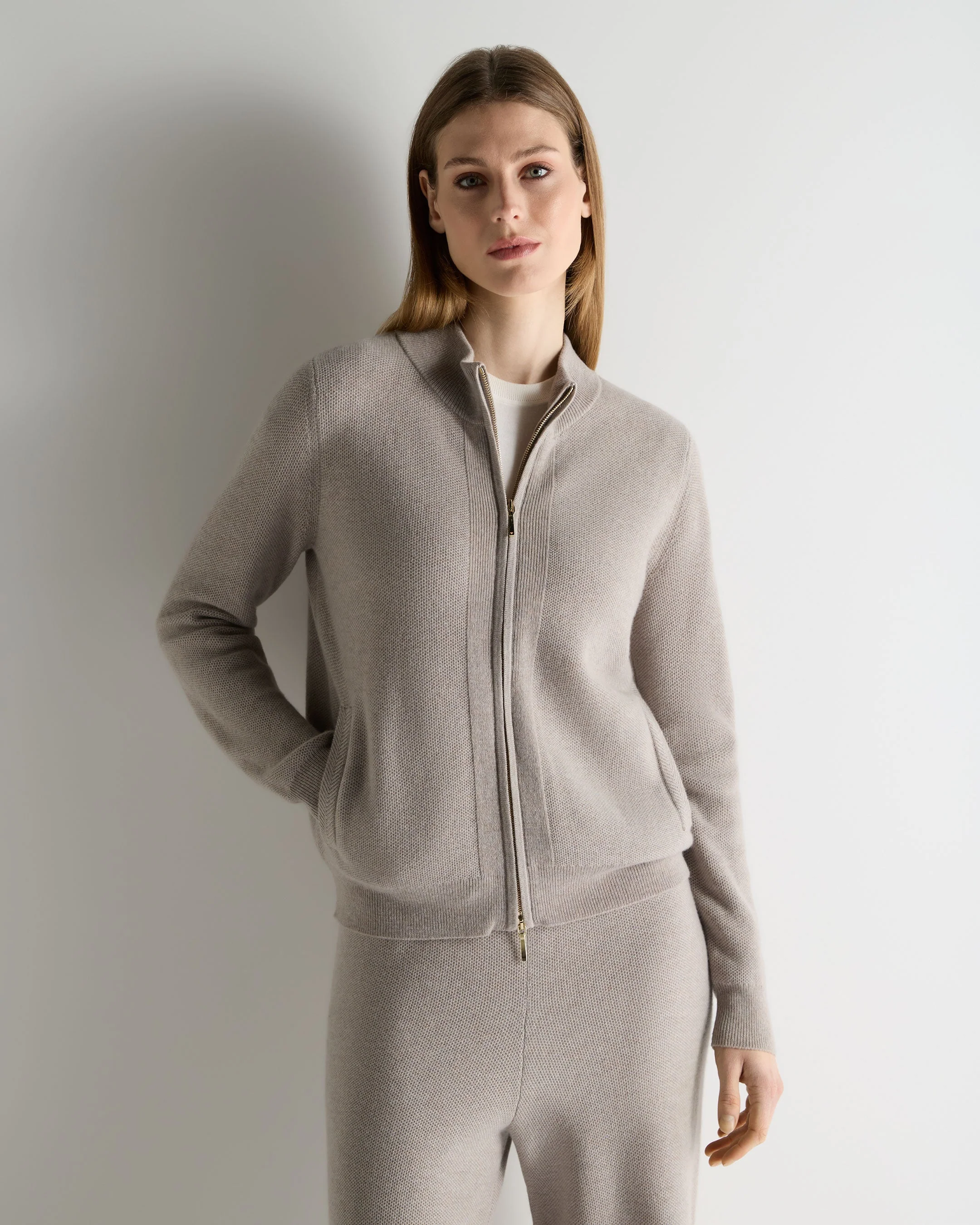 Women's Honeycomb Full Zip Cashmere Sweater Oat Grey