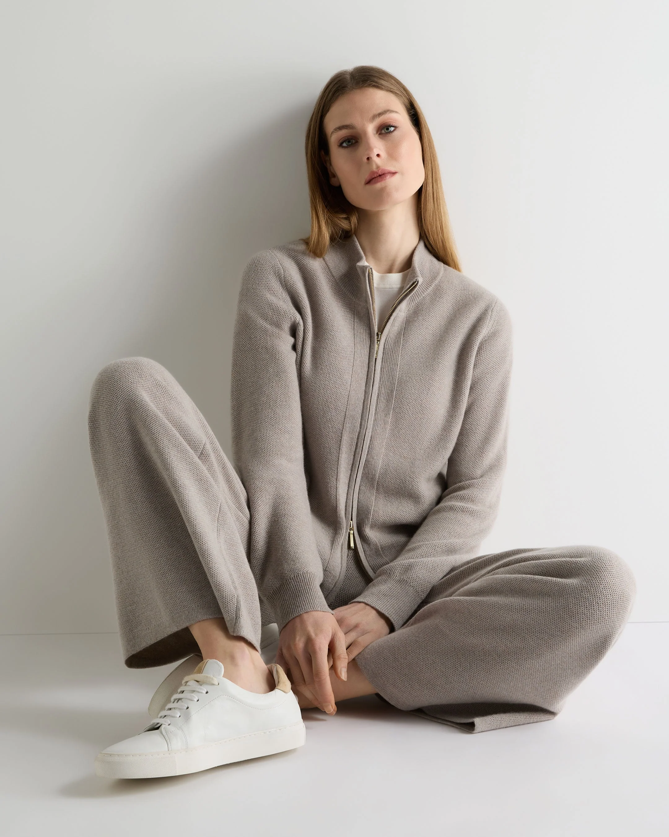 Women's Honeycomb Full Zip Cashmere Sweater Oat Grey - Image 3