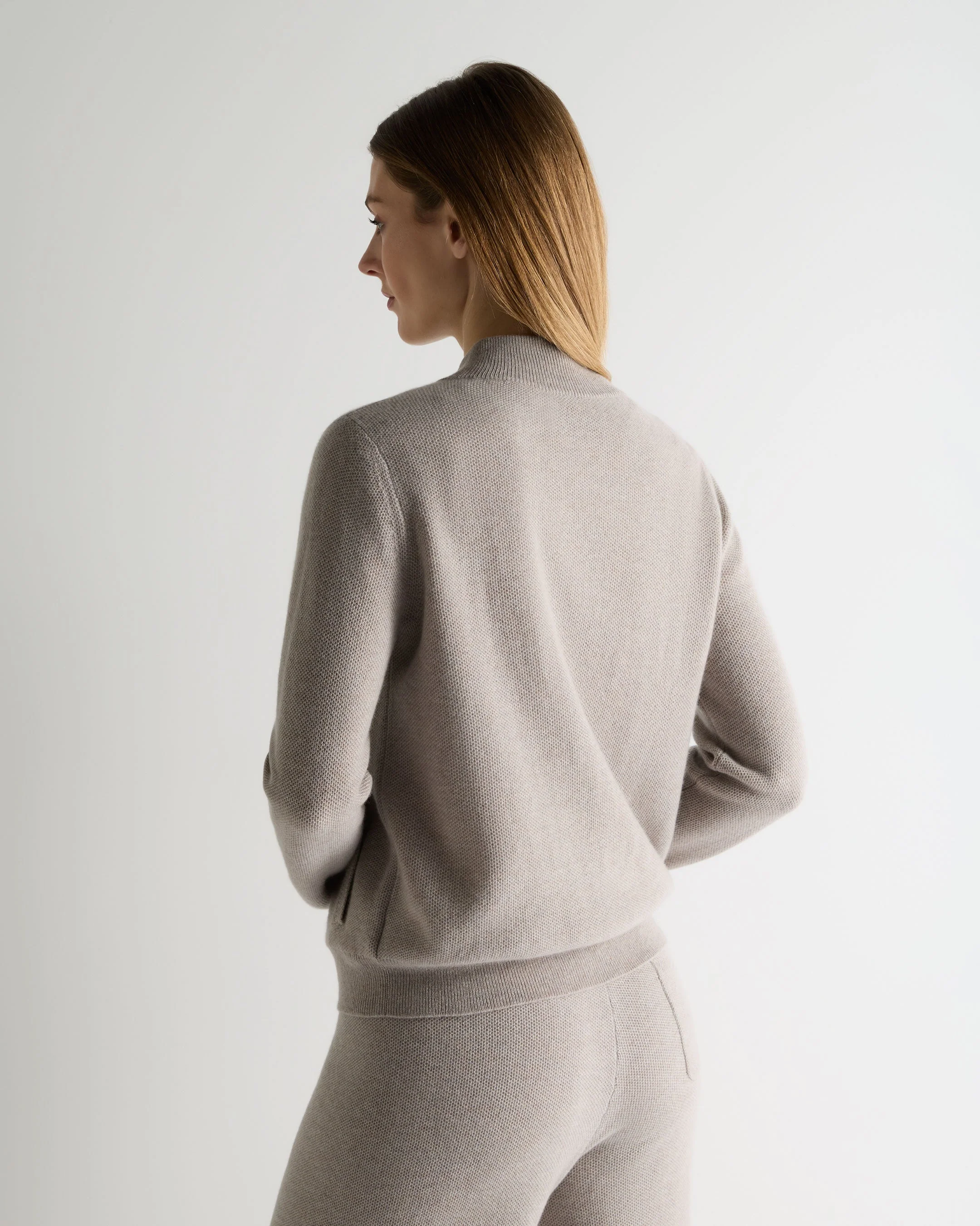 Women's Honeycomb Full Zip Cashmere Sweater Oat Grey - Image 4