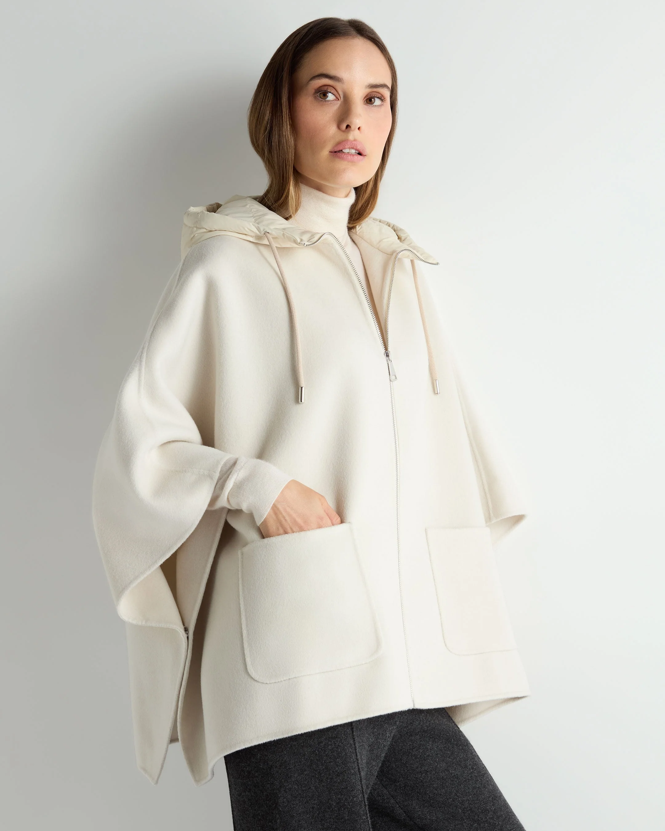 Women's Hooded Woven Cape Cream - Image 6