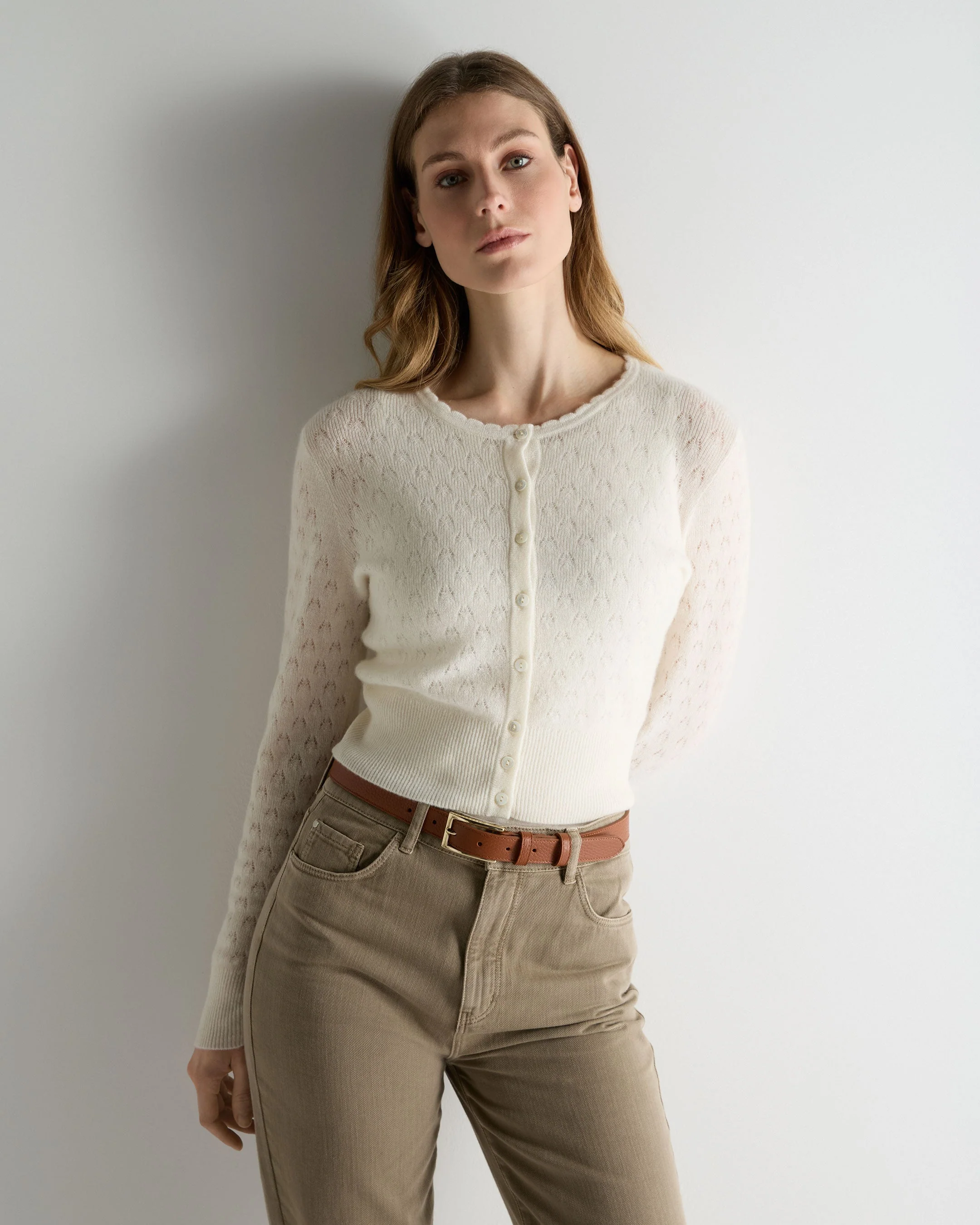 Women's Ivy Lace Stitch Cashmere Cardigan New Ivory White Sparkle