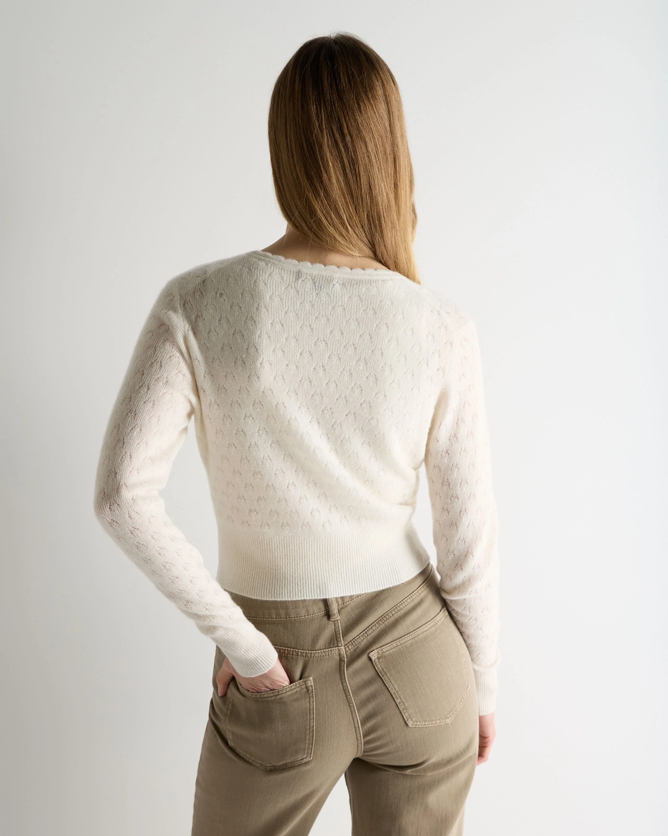 Women's Ivy Lace Stitch Cashmere Cardigan New Ivory White Sparkle - Image 4
