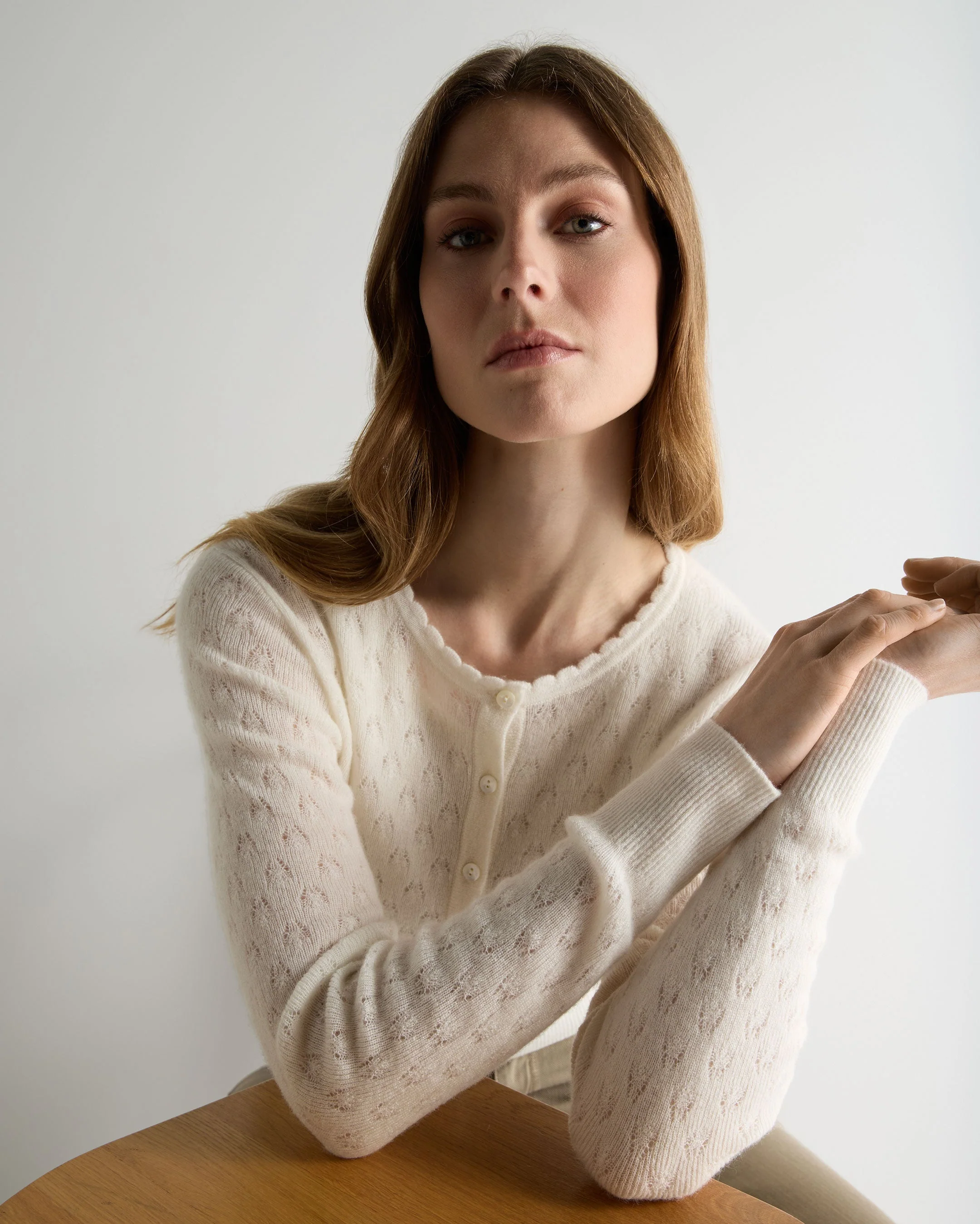 Women's Ivy Lace Stitch Cashmere Cardigan New Ivory White Sparkle - Image 5