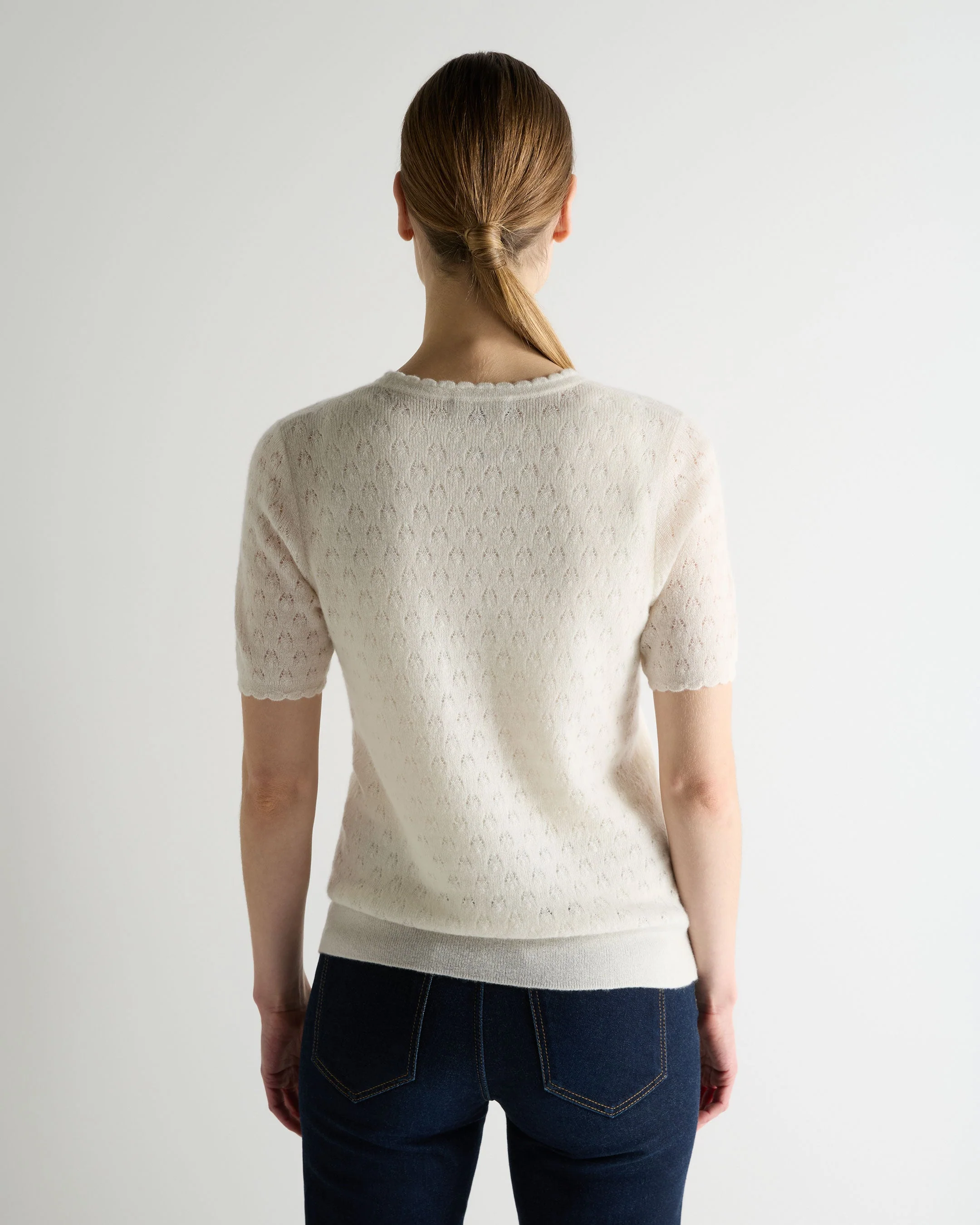 Women's Lace Stitch Cashmere T-Shirt New Ivory White Sparkle - Image 4