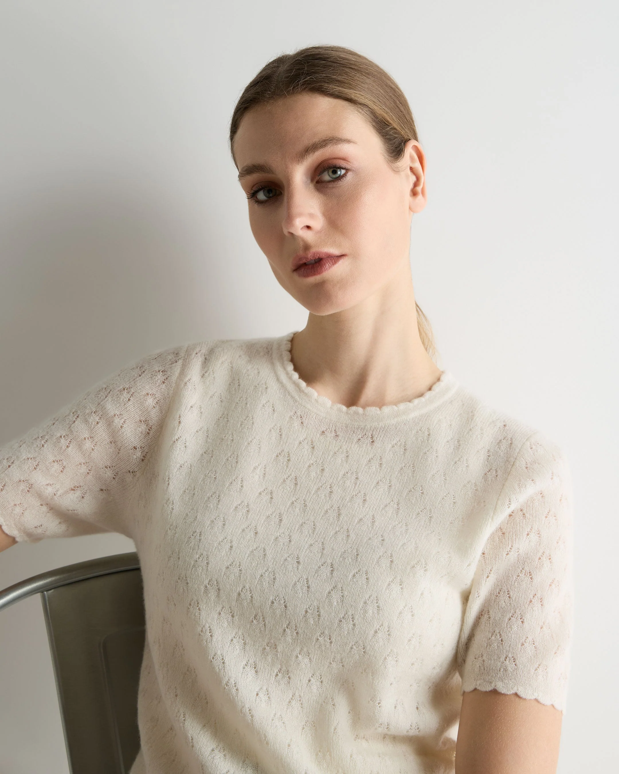 Women's Lace Stitch Cashmere T-Shirt New Ivory White Sparkle - Image 5
