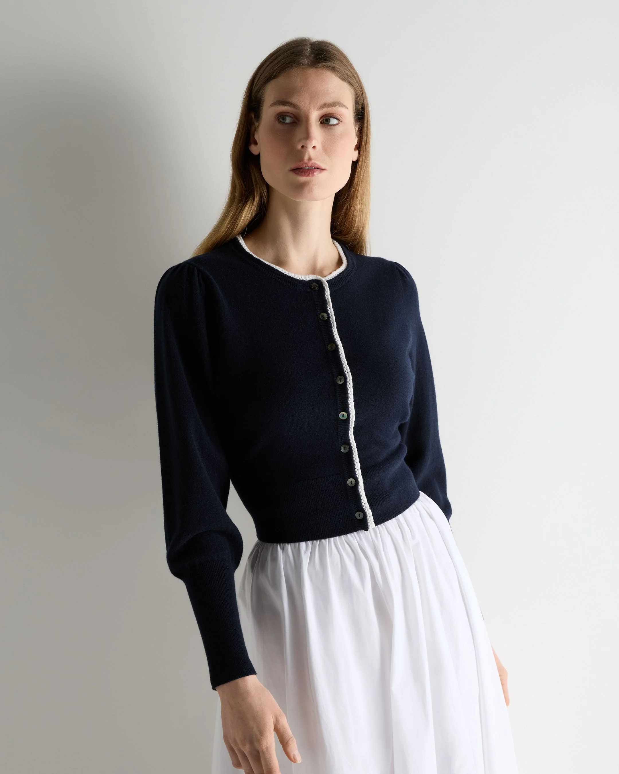 Women's Lace Trim Cashmere Cardigan Navy Blue