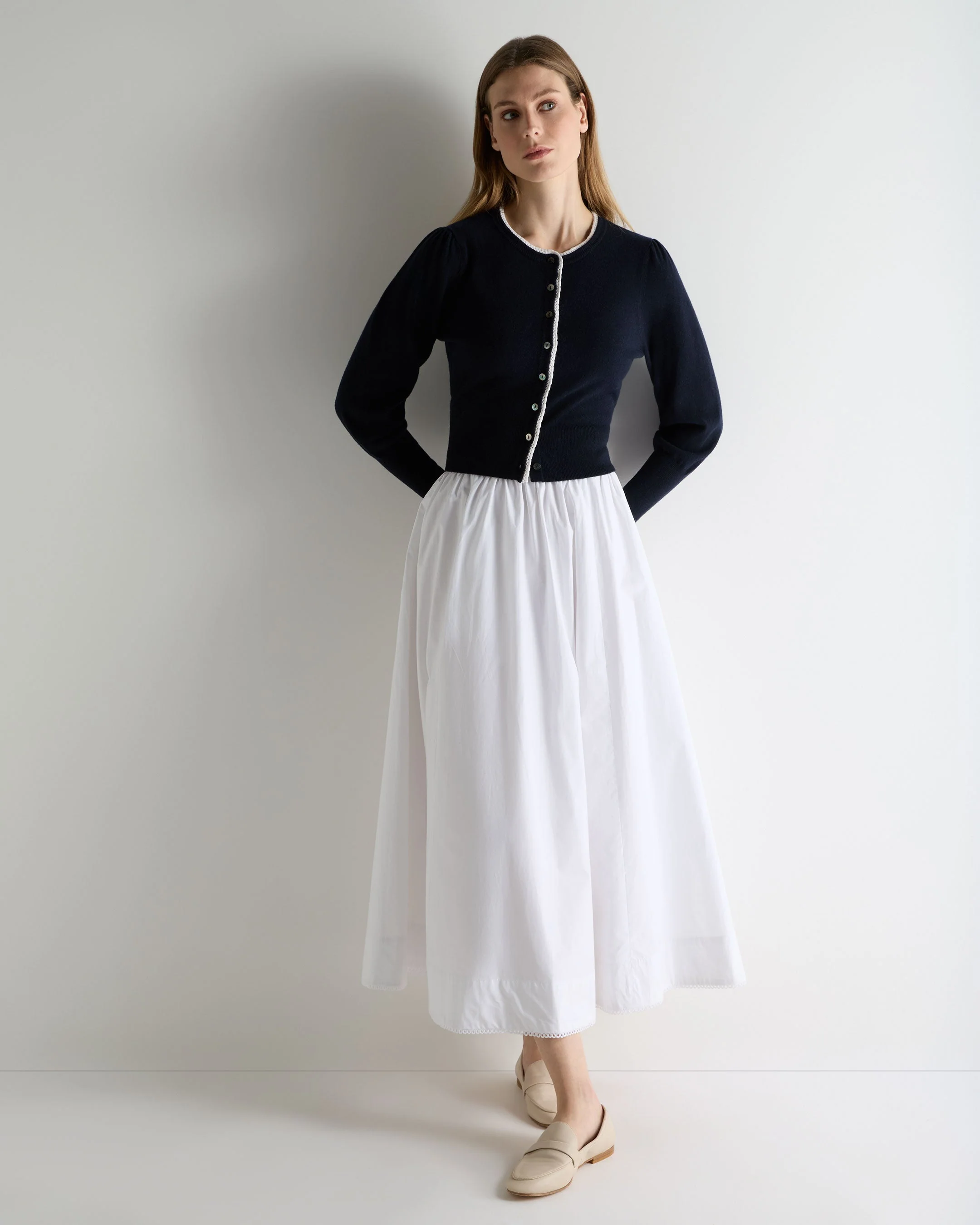Women's Lace Trim Cashmere Cardigan Navy Blue - Image 3