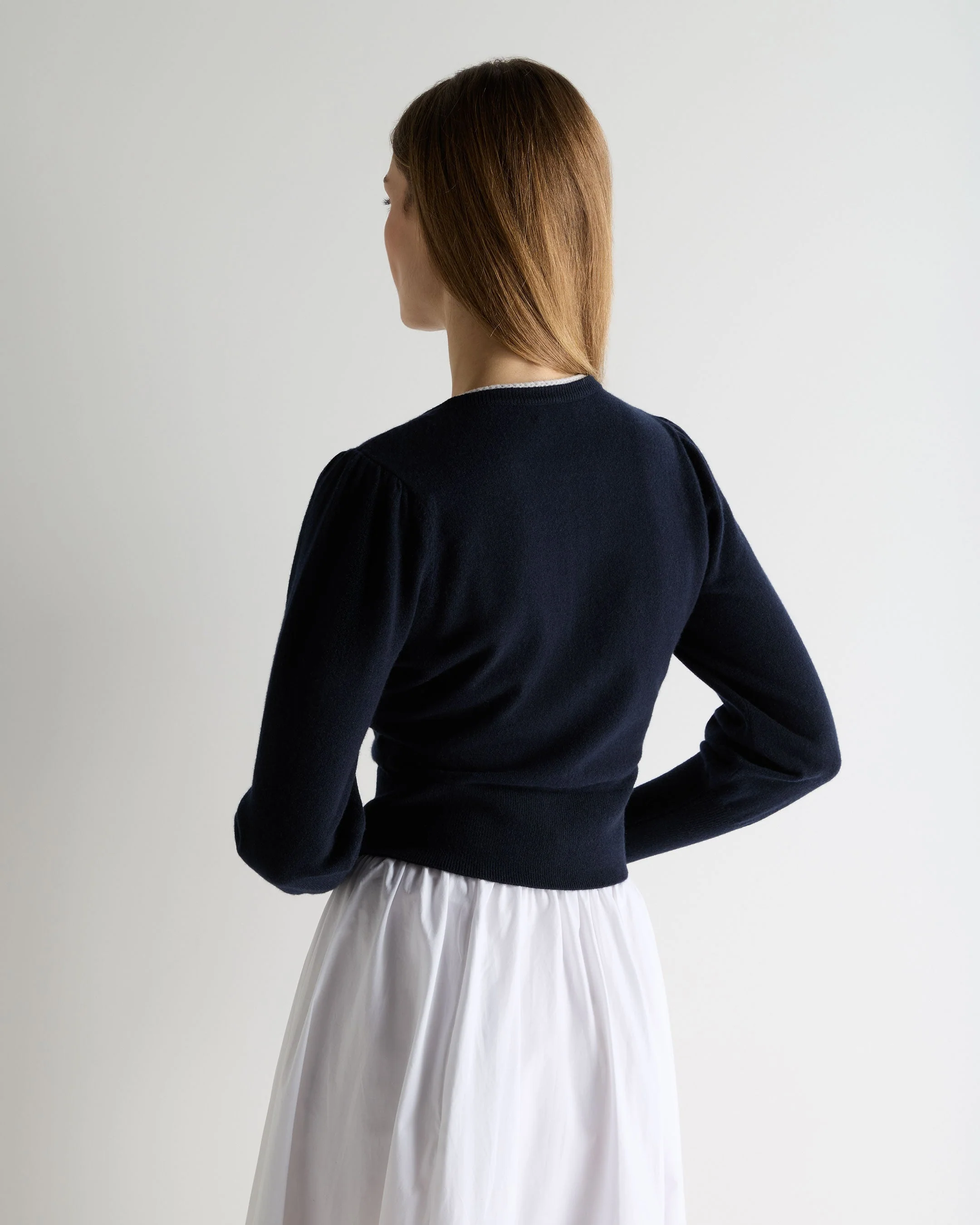 Women's Lace Trim Cashmere Cardigan Navy Blue - Image 4